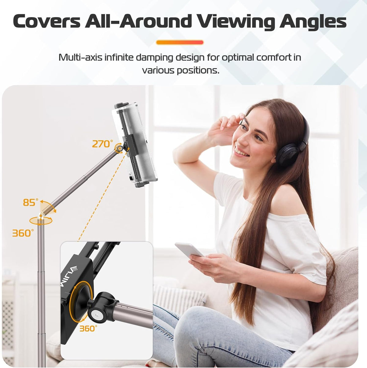 VIJIM Tablet Floor Stand Holder, Phone Stand for Recording, Adjustable Cell Phone & Tablet Holder for Floor, Compatible with iPad Pro Air Mini, Galaxy Tab, iPhone & 4.6-12.9 Inch Devices