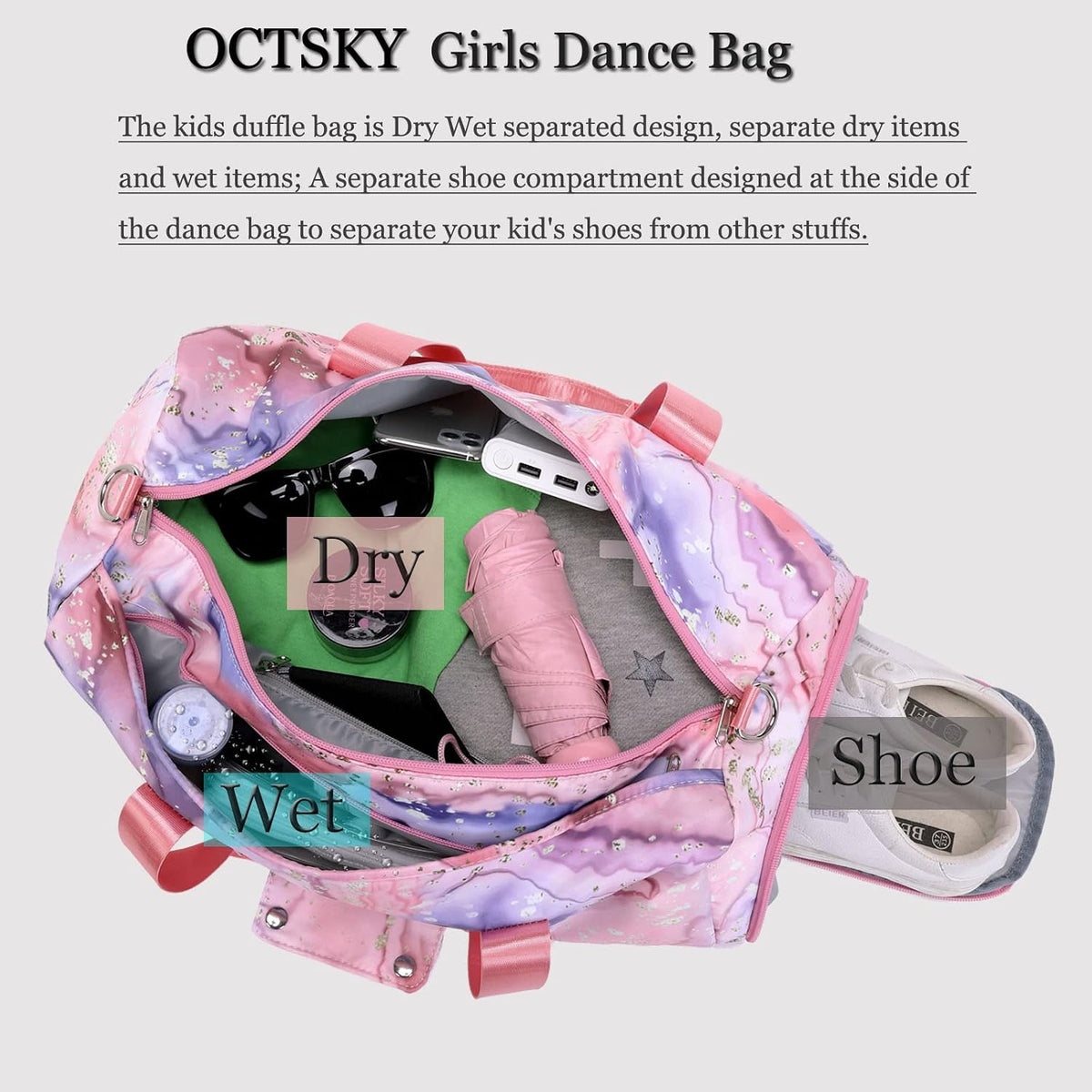 Octsky Sports Gym Bag Teens Dance Bag Gymnastics Bag Women Weekender Bag with Shoe Compartment and Wet Pocket