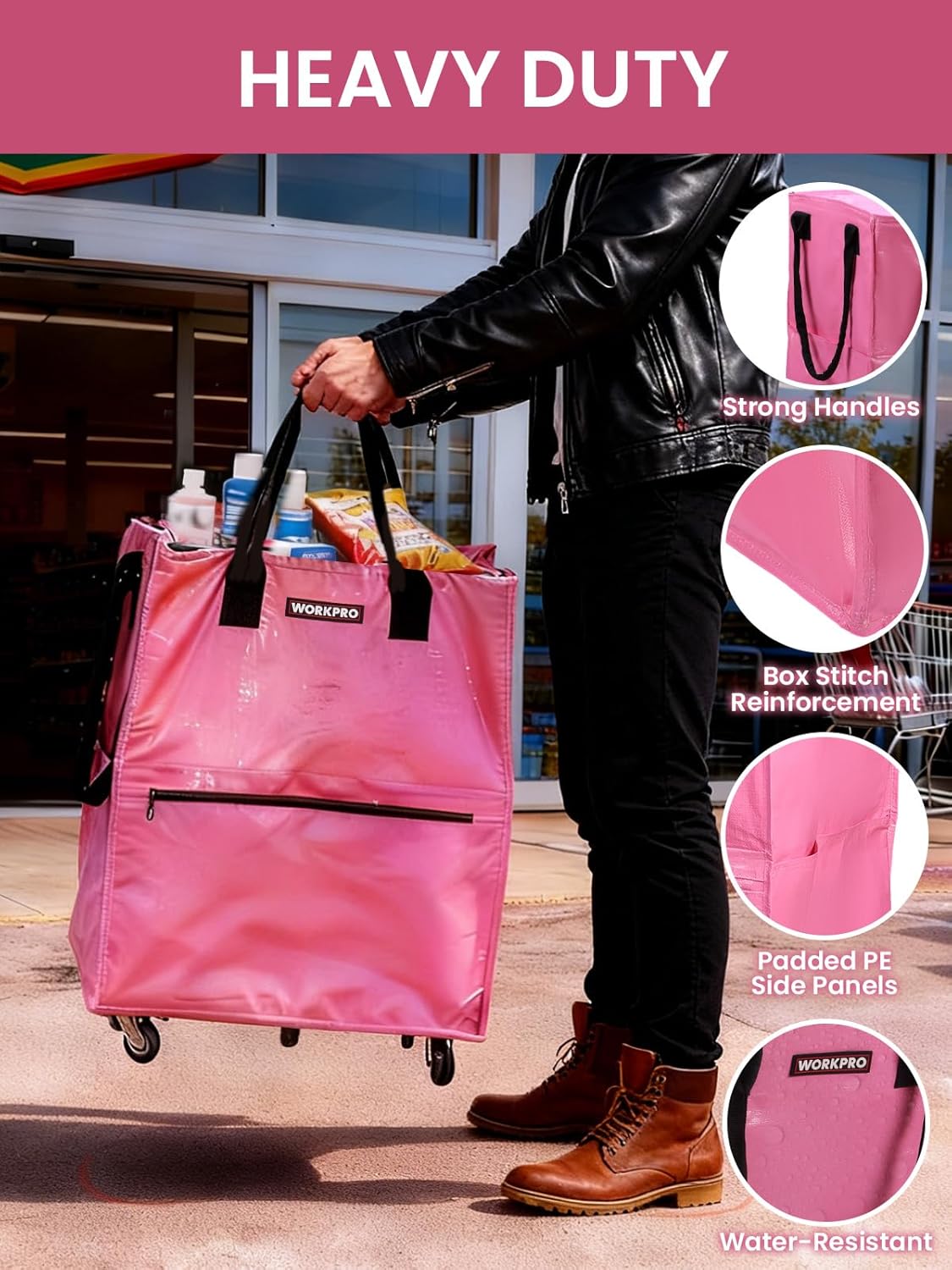 WORKPRO Large Rolling Grocery Bag, 36-Gallon Tote with 5 Wheels, 110 lbs Capacity, Dual Carry, Wide Zipper & Extra Storage for Shopping, Laundry & Moving