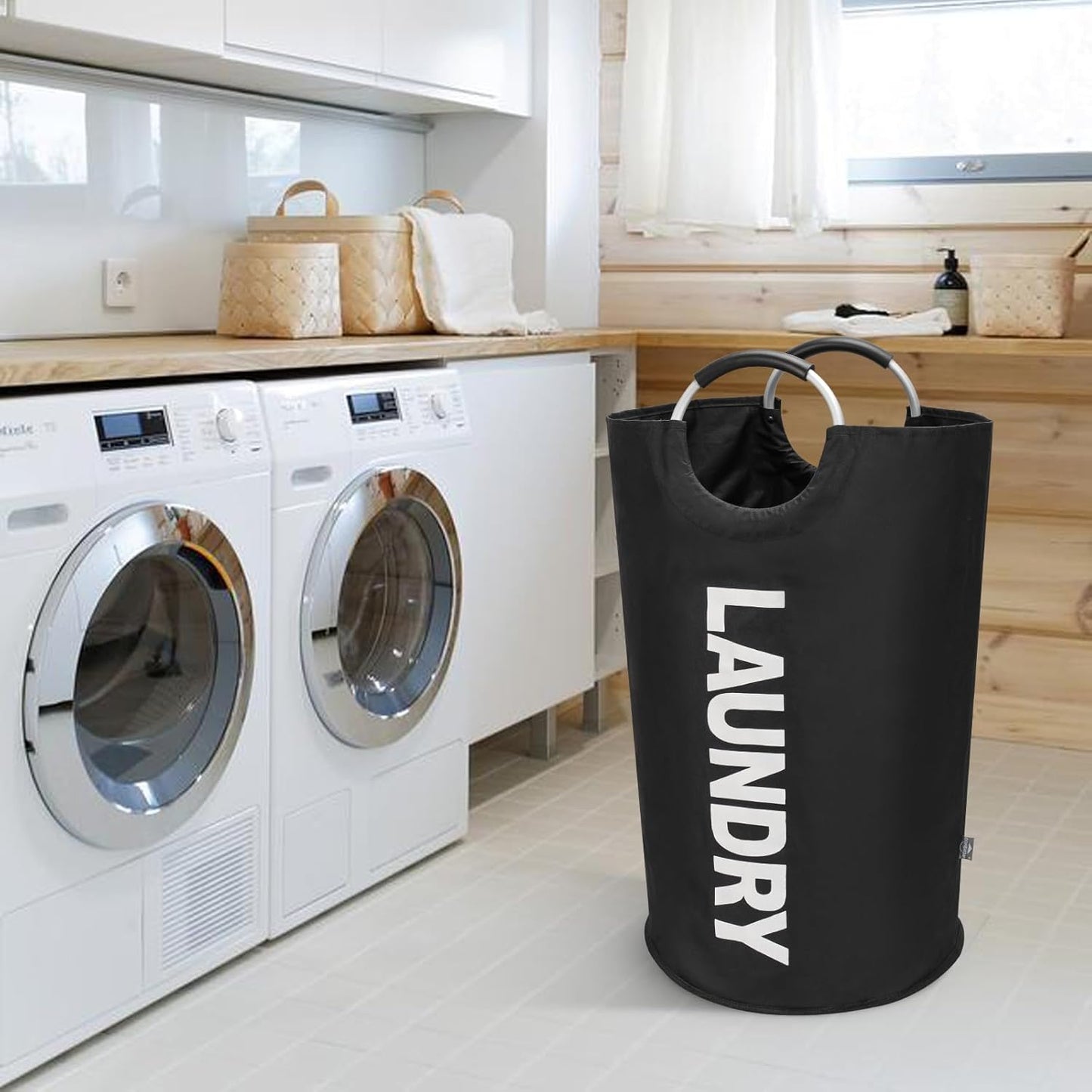 DOKEHOM 90L Large Laundry Basket, Collapsible Laundry Bag, Freestanding Tall Clothes Hamper, Foldable Washing Bin (Black)