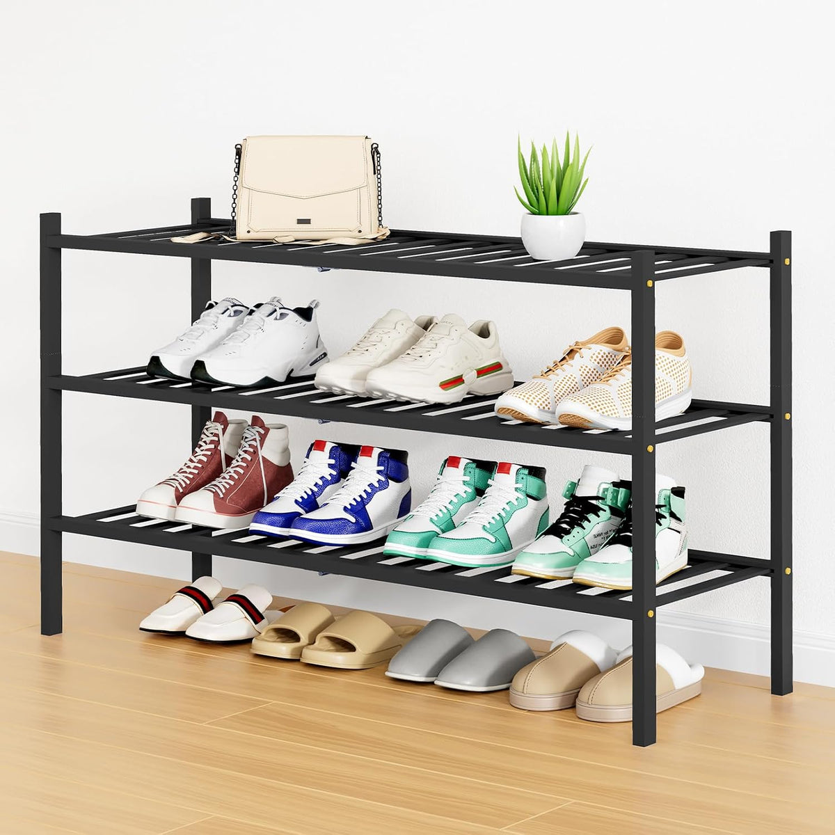 Smiry Bamboo Shoe Rack, 16 Vertical Slats, 3 Tier - 33.7" Wide, Black