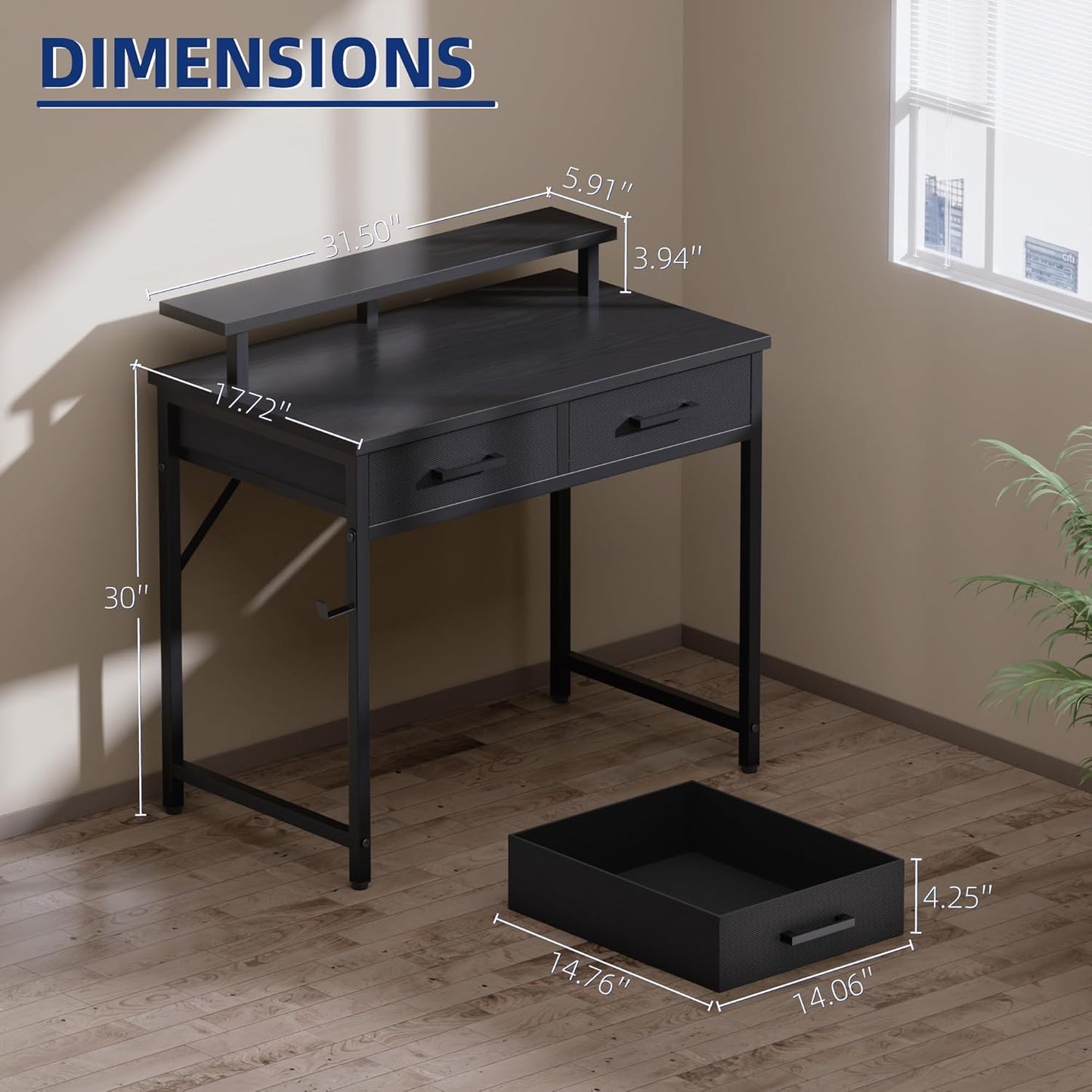 Pamray 32 Inch Small Computer Desk with Monitor Stand Home Office Desks with 2 Drawers for Bedroom Study Writing and Work Table for Small Spaces Grey
