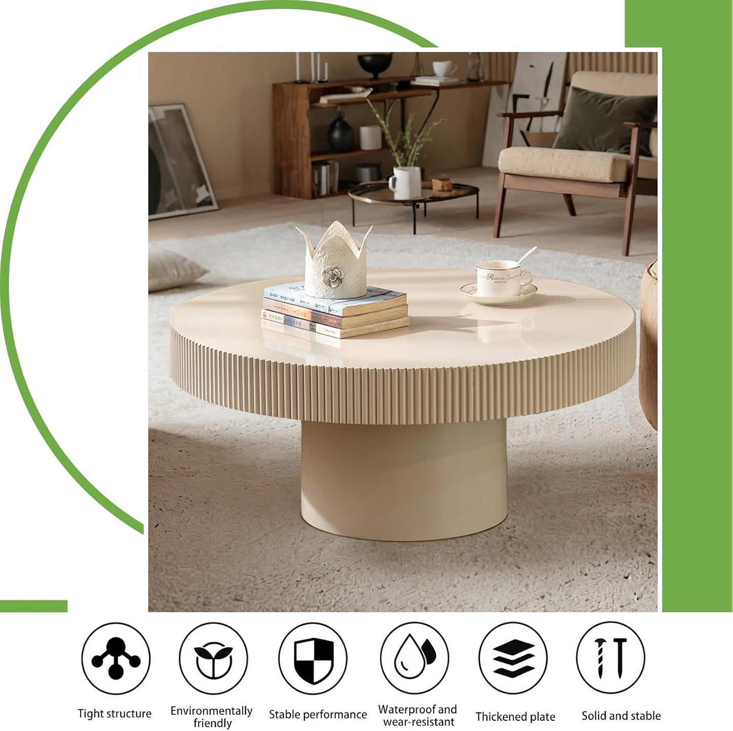 Handmade Wooden Drum Coffee Table (A White 30.7in) | Elegant Round Fluted Wood Coffee Tables, Rustic Modern Circular Centerpiece for Living Room & Farmhouse Decor