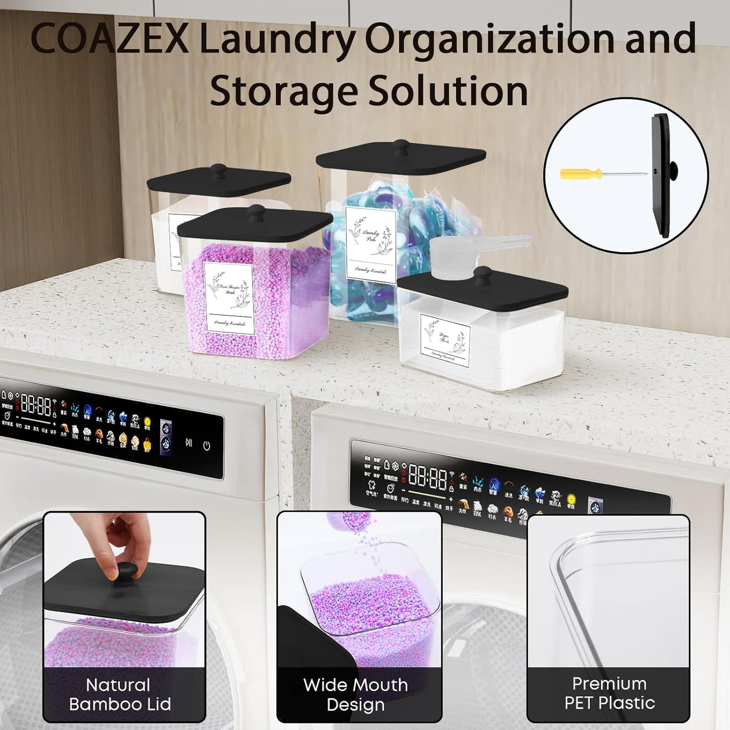 COAZEX 4 Pack Clear Laundry Pods Container & Dryer Sheet Holder, Plastic Square Laundry Room Organization and Storage Jars with Lids, Scoops & Labels for Detergent, Powder, Dryer Balls (Black Lid)