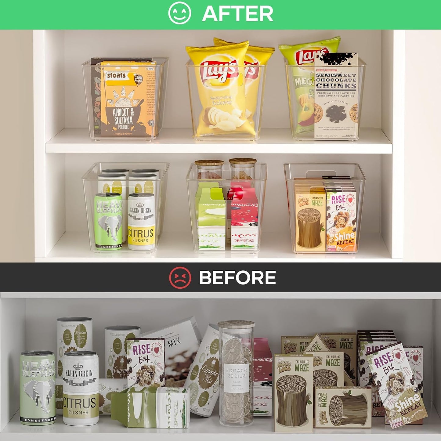 6 Pack Clear Plastic Storage Bins, 11" Large Pantry Organizer Bins with Handles, Plastic Containers for Refrigerator,BPA-Free Perfect for Kitchen,Fridge,Cabinet,Pantry,Bathroom,Closet Organization