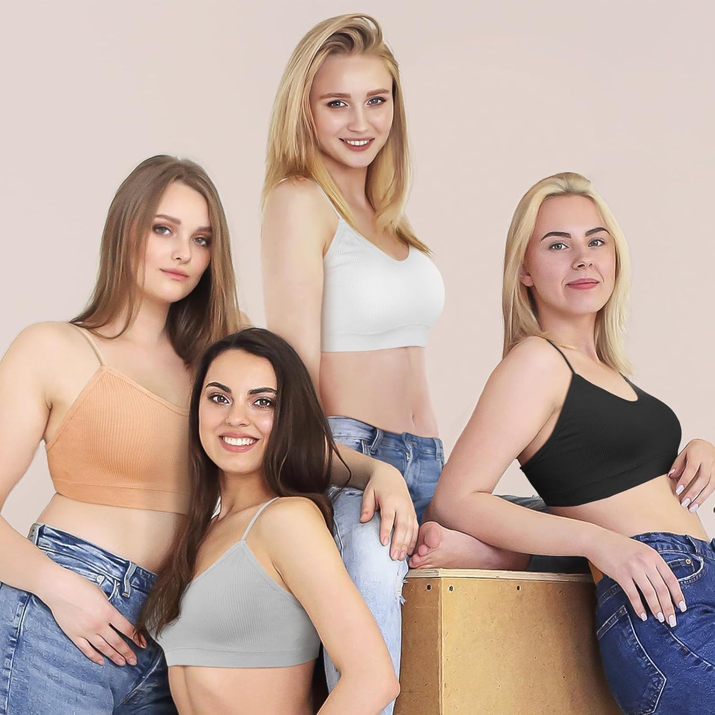 KCDDUMK 4 Pieces Cami Bras - Women's V-Neck Padded Seamless Straps Bralette Everyday Basic Sleeping Bra