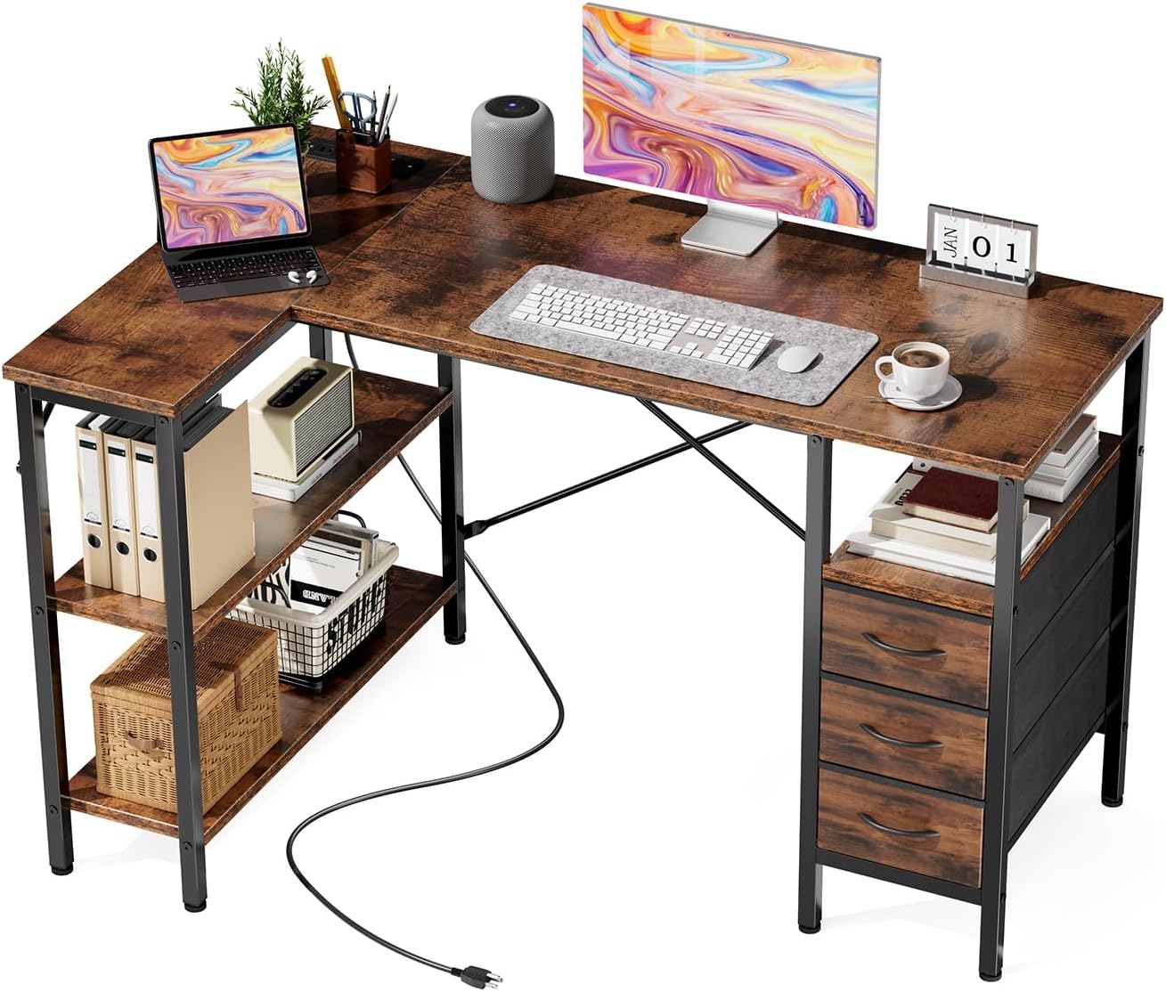 DUMOS L Shaped Desk with Shelf Drawers 47 Inch, Black Corner Computer Desks Gaming with Power Outlet, Study Table with Adjustable Shelves, Home Office Tables for Bedroom Teacher Reading Writing