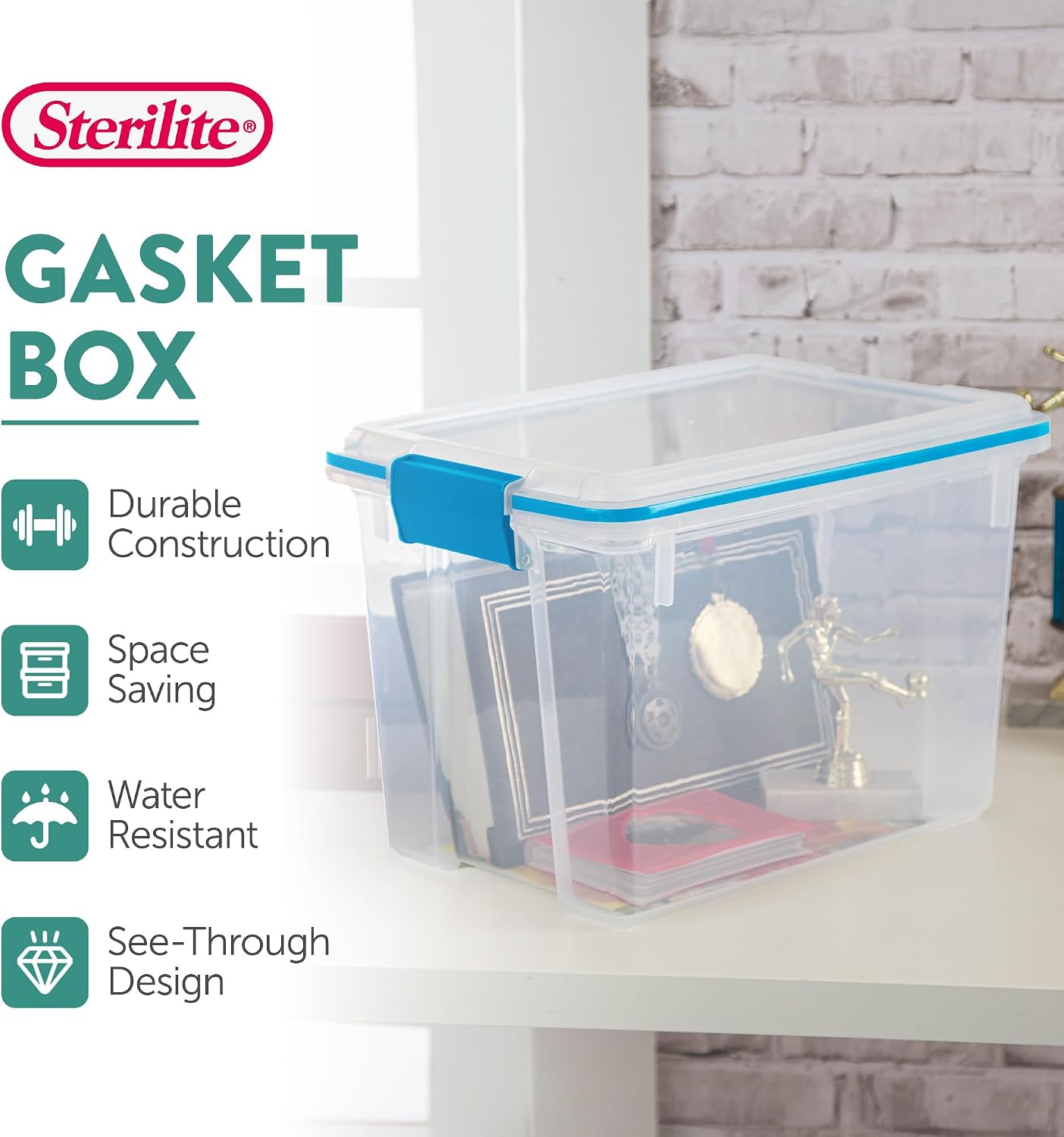 Sterilite Gasket Storage Box with Lids for Home & Office, 20 Quart, 6-Pack. | Heavy-Duty, Stackable, and Organizing Containers for Bathroom, Cabinet, Closet, and Garage, Clear and Blue Aquarium Latches