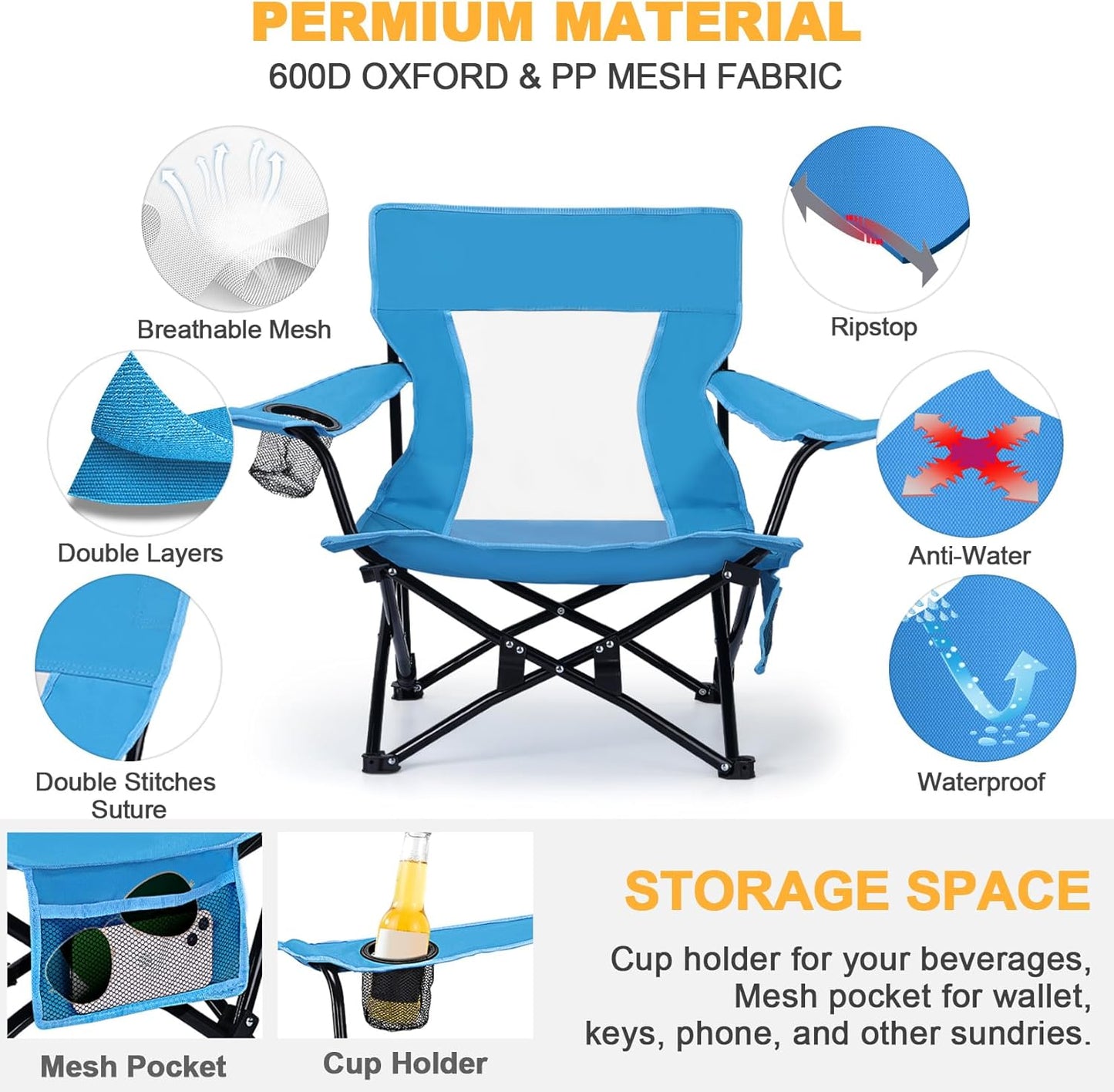 Joyfair Beach Camping Chair (2 Pack), Outdoor Folding Chair for Adults, Heavy Duty Portable Chair for Outside Fishing, Lawn, Sport, Patio, Armrest Cup Holder & Storage Pocket, Carry Bag (Blue)