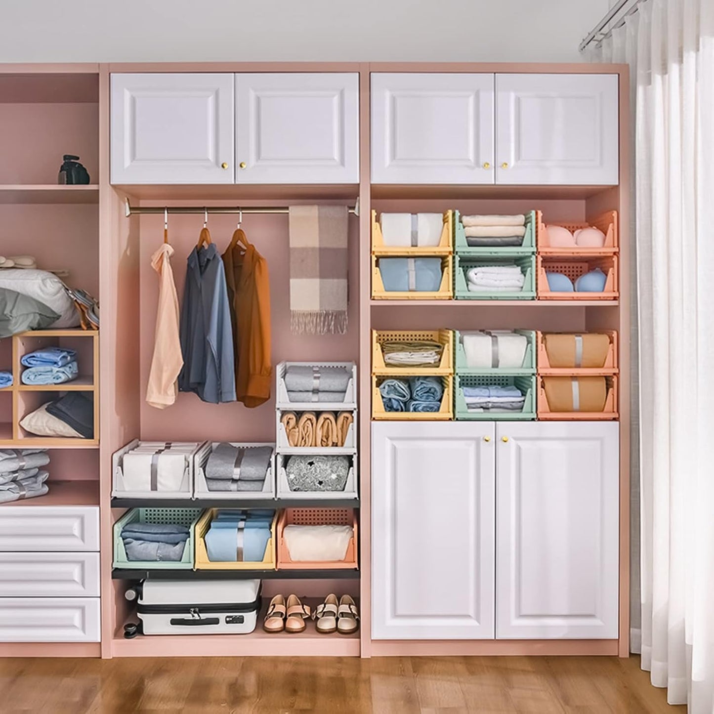 4 Pack Folding Closet Organizers Storage Box, Stackable Storage Bins, Plastic Drawer Basket Closet Storage for Wardrobe Cupboard Kitchen Bathroom Office White-4L