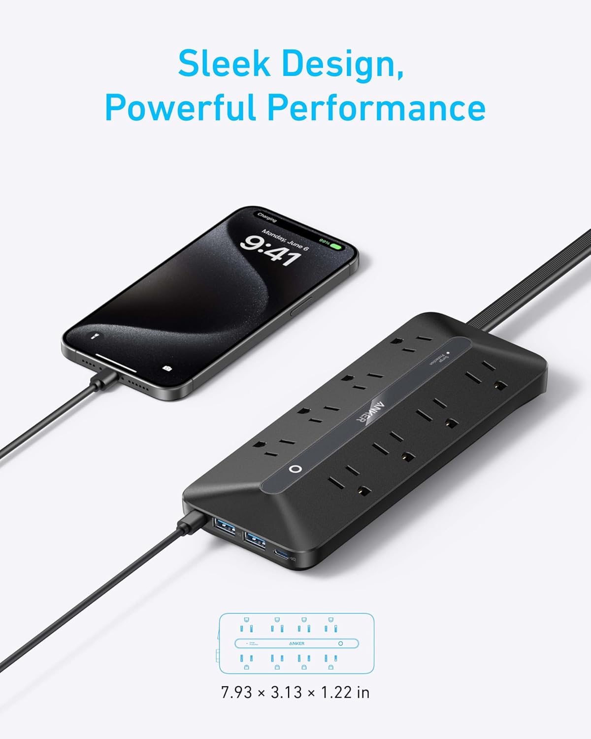 Anker Power Strip with 900J Surge Protector, Flat Plug Extension Cord with Multiple Outlets, 8 AC, 2 USB A & 2 USB C Ports for 35W Max, 5ft Outlet Extender, Dorm Room Essentials, Home Office