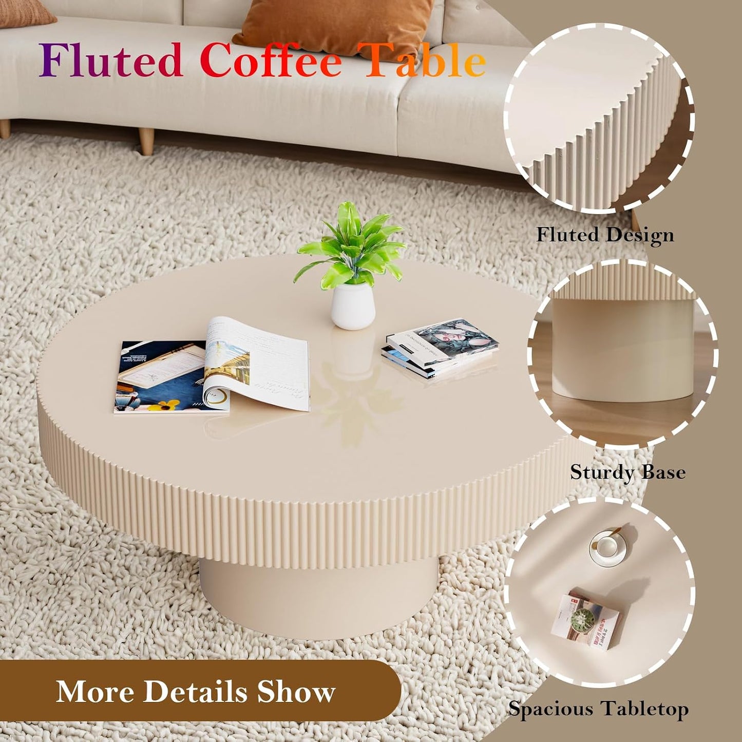 Round Fluted Coffee Table with Sturdy Pedestal (Lvory White Thin 30.71in) | Rustic Circular Pedestal Center Table with Round Thin Tabletop, for Living Room Reception Room Study Farmhouse