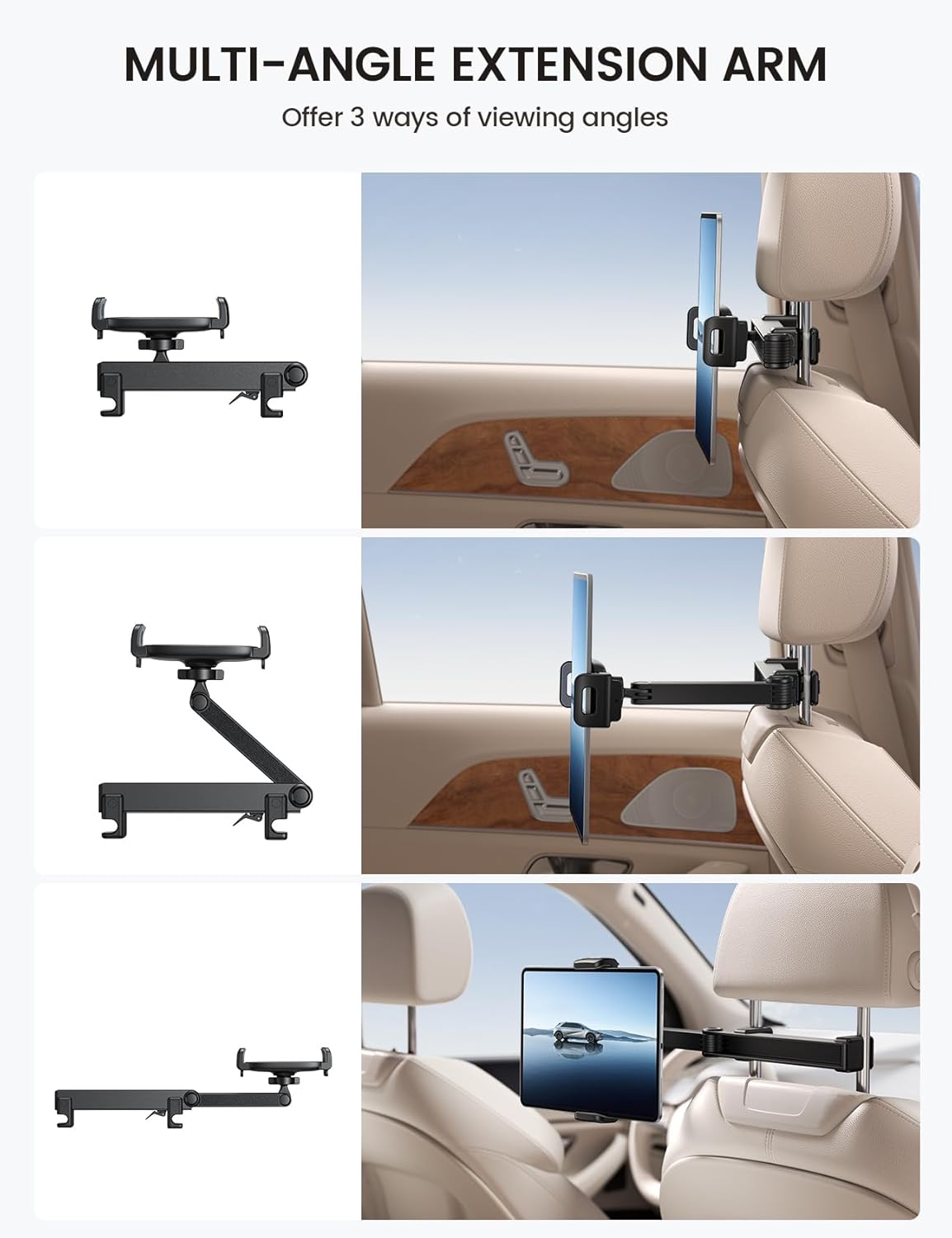 Lamicall Car Headrest Tablet Holder - [Lockable] [3 in 1 Extension Arm] Upgrade Tablet Mount for Car Backseat, Gifts Road Trip Essentials for Kids, for iPad Pro Air Mini, Fire HD, 4.7-13" Tablets
