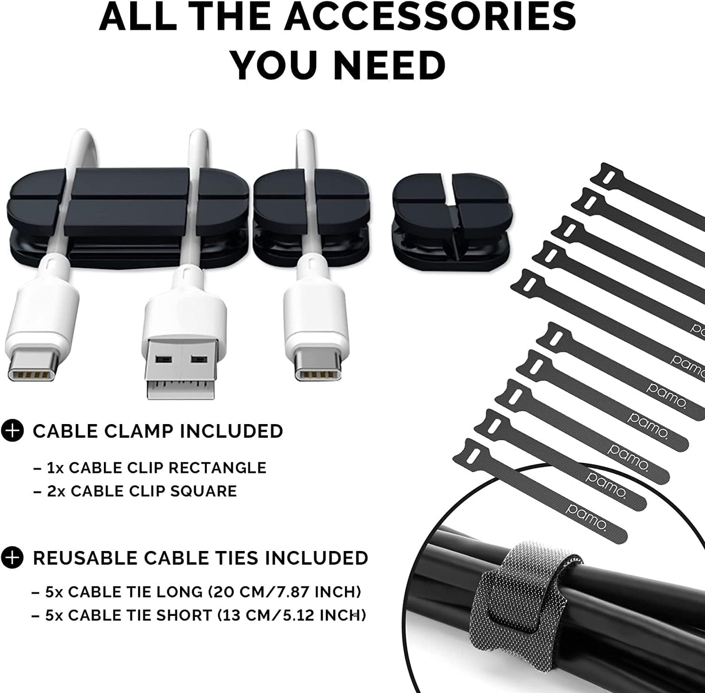 PAMO Cable Management Under Desk, Set of 3 - Grey/Silver | Easy under-table mounting keeps cables organized, includes 10 cable ties for a clean and tidy office or home workspace.