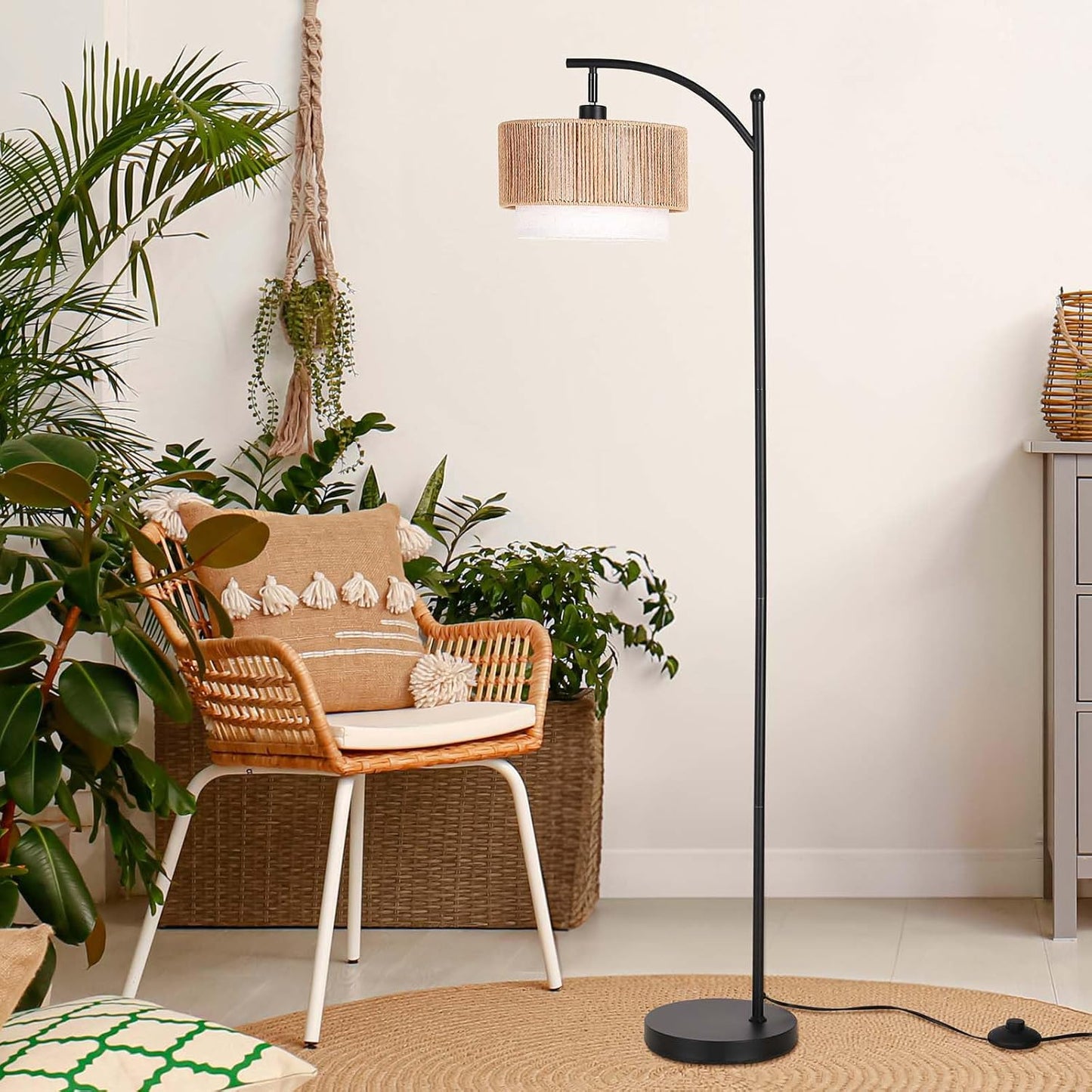 SUNMORY Floor Lamps for Living Room with 12W LED Bulb, Arc Floor Lamp with 3 Color Temperatures, Farmhouse Floor Lamps with Adjustable Rattan & Fabric Shades, Boho Standing Lamp for Bedroom, Corner
