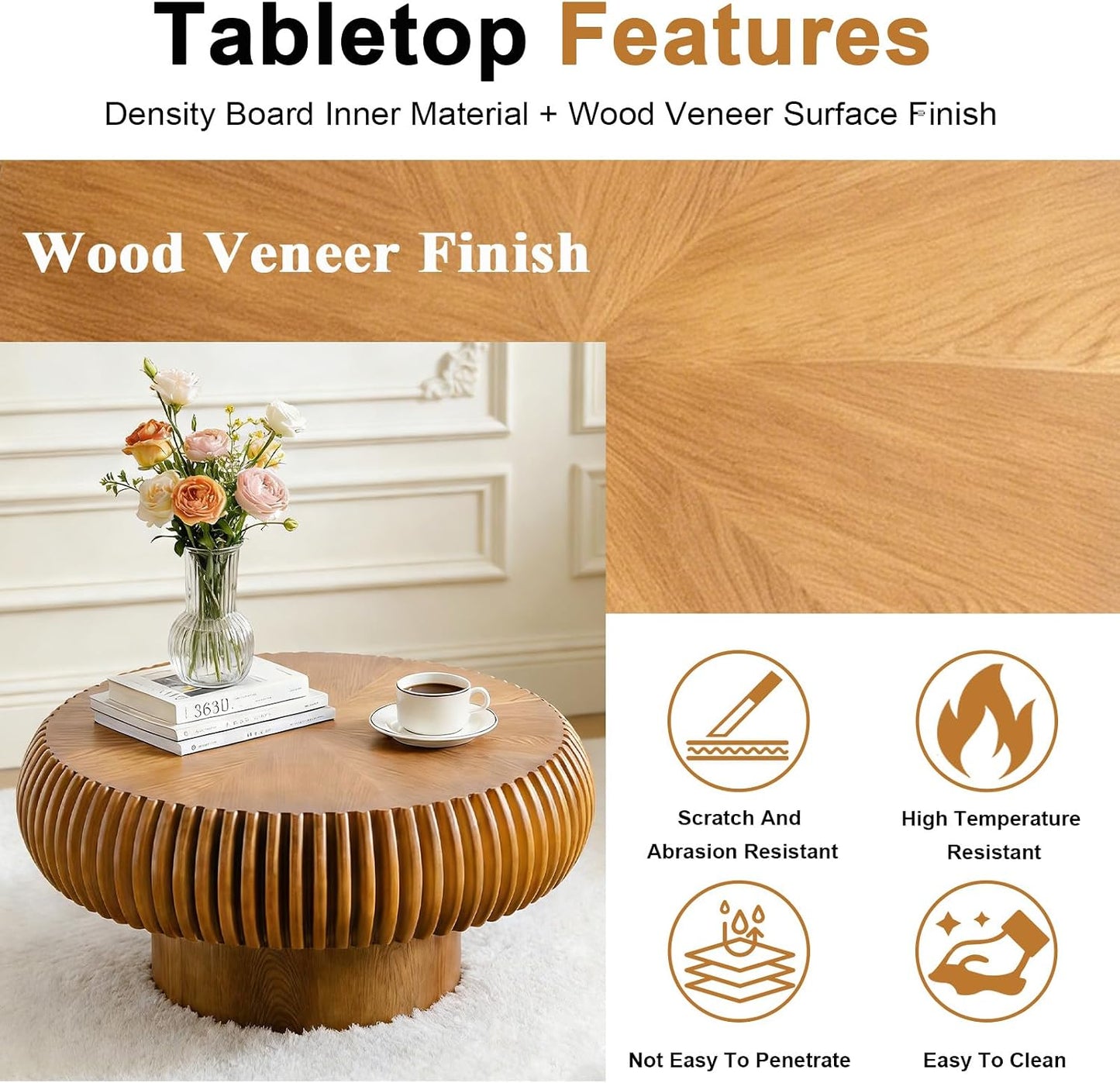 31" Brown Round Wood Fluted Coffee Table for Living Room (D) | Drum Shape, Wood Veneer Top & Base, Rustic Modern Style, Low Circle Center Table, For Apartment Small Space, Easy to Assemble