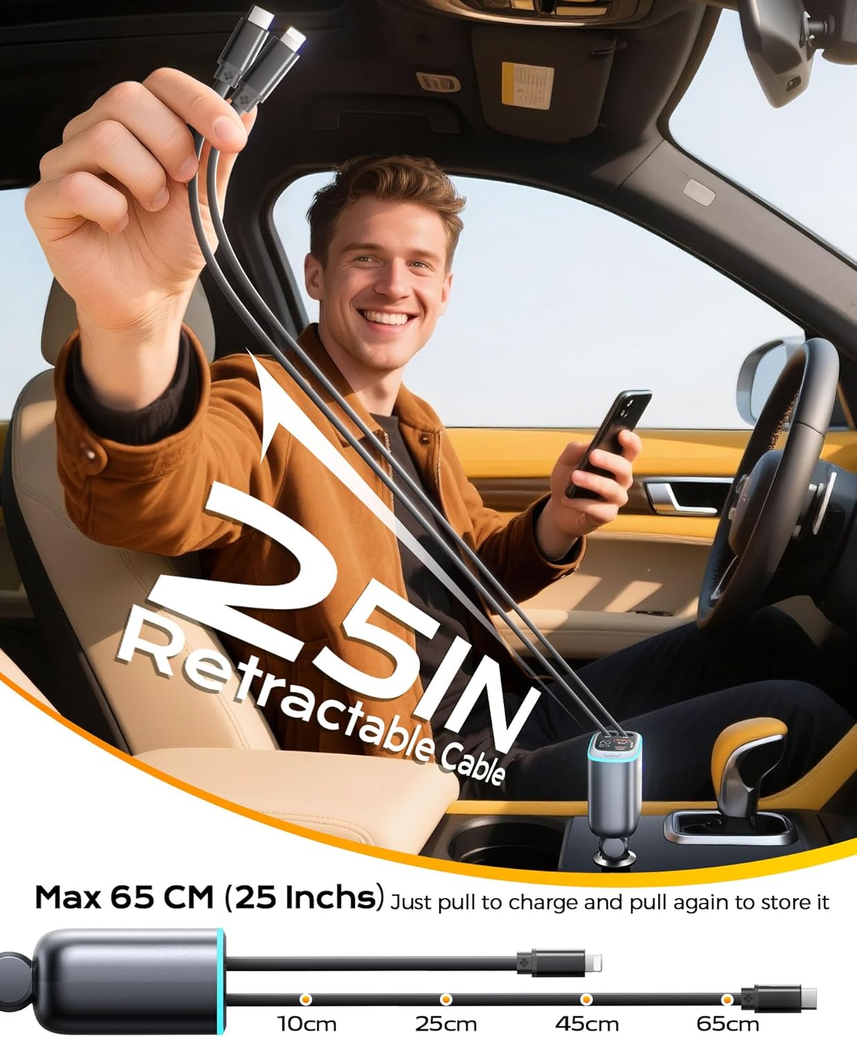 iPhone Car Charger, Retractable Fast USB C Phone Charger, 4 in 1 Cigarette Lighter Adapter with 2 Cables 25 Inch and 2 USB Ports, Multi Port USB Car Charging for iPhone 17/16/15/14/13/Pro Max