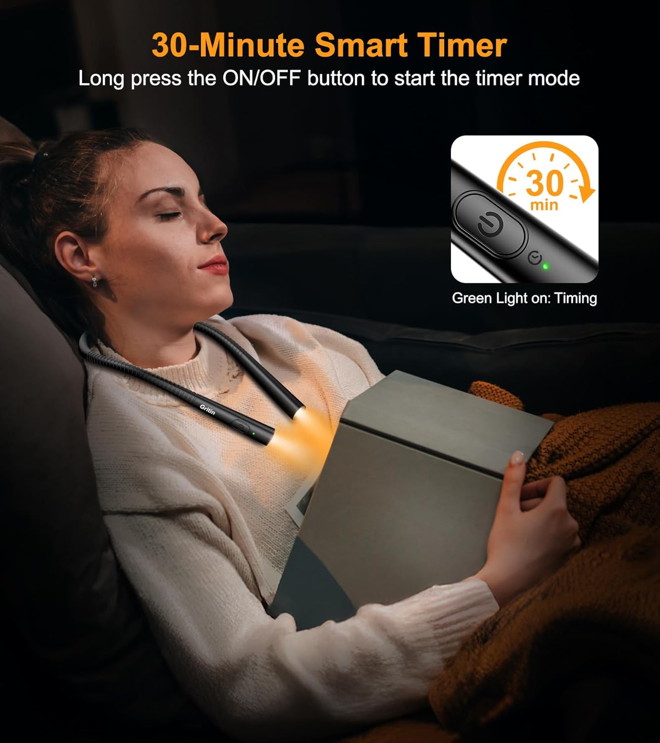 Gritin Book Light, Eye Caring 4-Color & 5-Brightness Neck Light Reading Light- Stepless Dimming,30-min Timer,80+ Hrs Runtime,Bendable Round Neck Design, Lightweight for Reading-Black