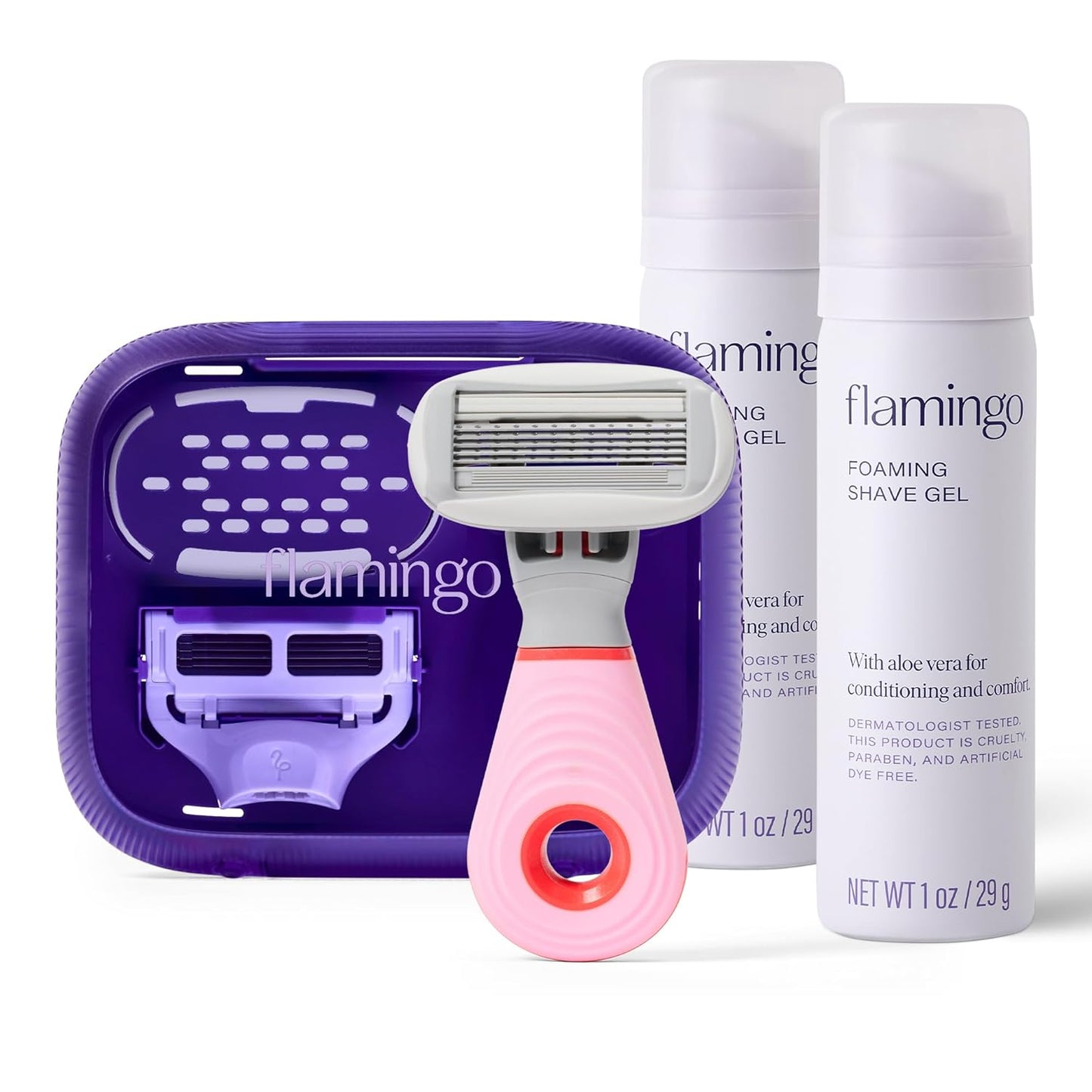 Flamingo Travel Razor Kit for Women - Body & Pubic Razor - Mini Handle, 2 Blade Refills, 2 Travel Size Foaming Shave Gels & Vented Case - TSA Approved Essentials