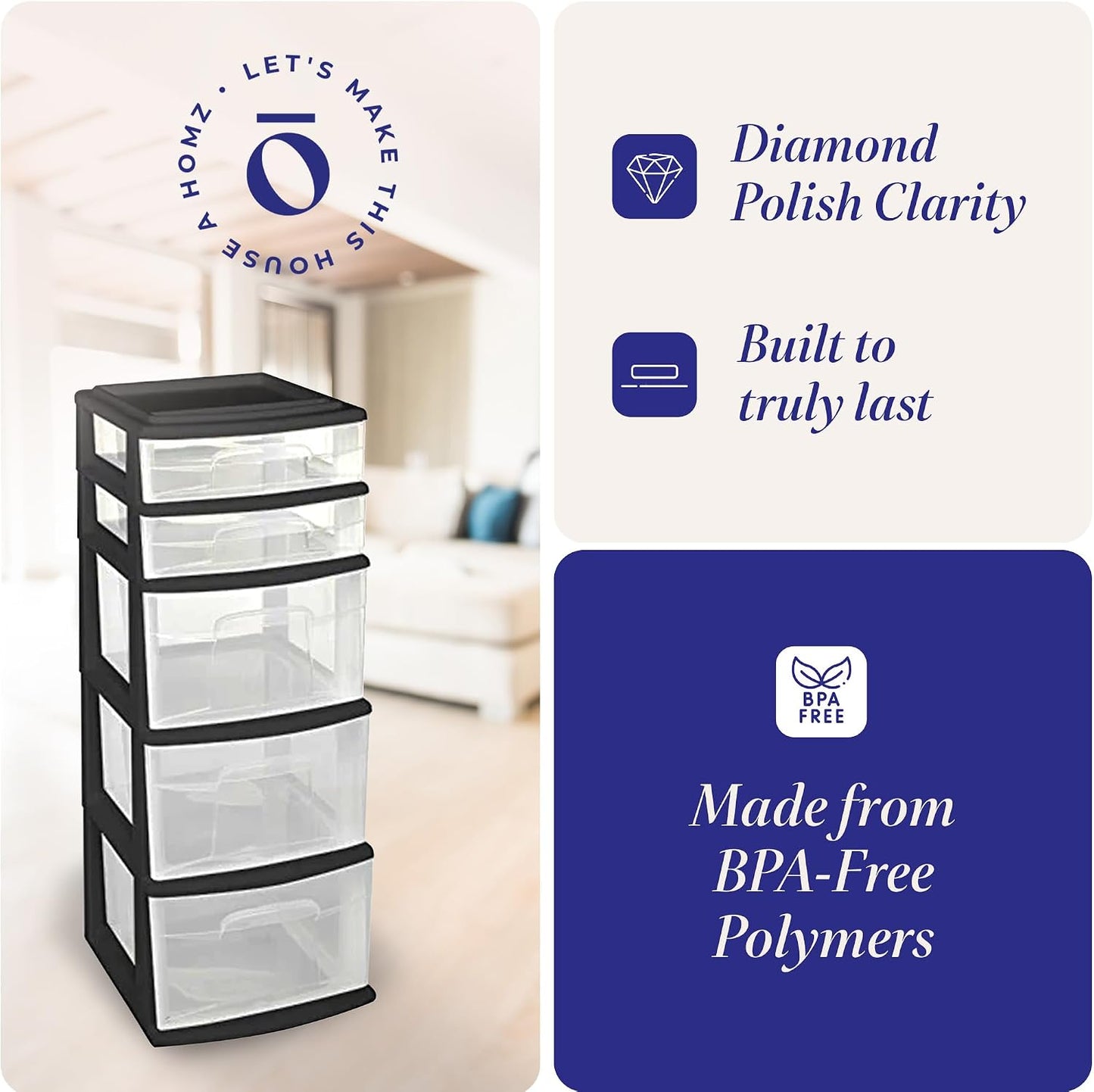 HOMZ 2-Pack Drawer Tower, 5-Tier Clear Plastic Storage Organizer Unit, Black Frame - Multi-Purpose Container Drawers for Bedroom, Bathroom, and Office Organization