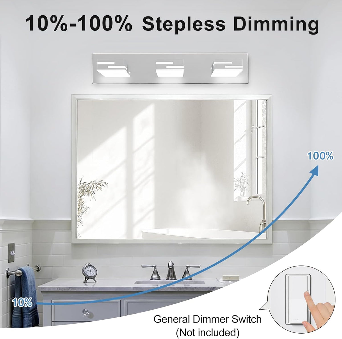 LED Modern Bathroom Vanity Light Fixtures, Dimmable Chrome Vanity Lights for Bathroom Lighting Fixtures Over Mirror, with 360° Rotatable Heads 3-Light 22-inch (Cool White 6000K)