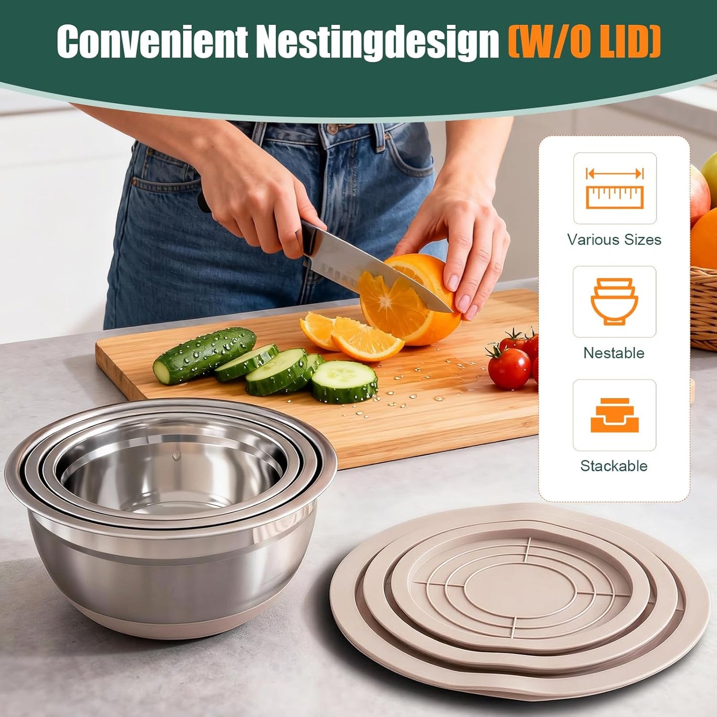 Stainless Steel Mixing Bowls Set with Lids & Silicone Base - 7-Piece Kitchen Gadgets Includes Colander, Grater, Egg Separator, Whisk - Nesting Bowls (1.5, 2, 2.5, 4.5 QT), Dishwasher Safe, Khaki
