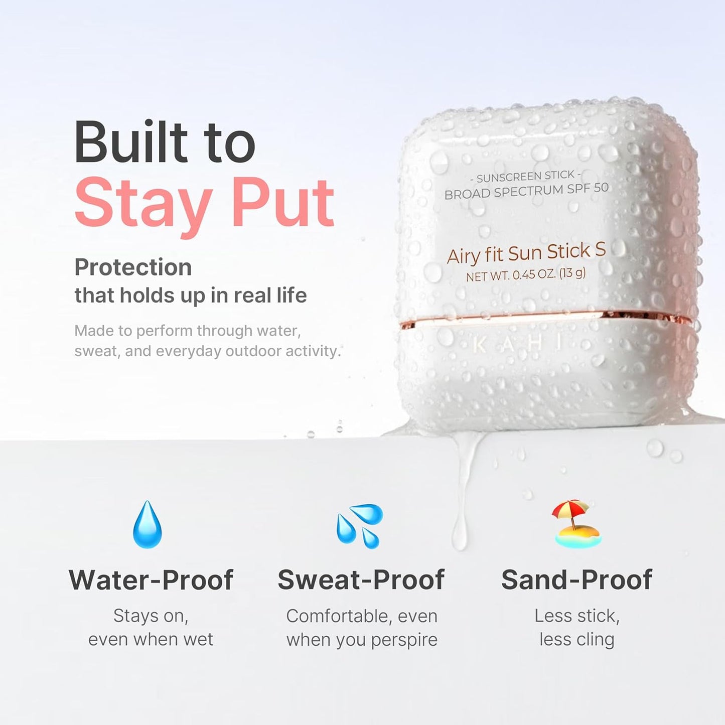 KAHI Airy Fit Sun Stick S - SPF 50+ Triple Functional Broad Spectrum Face Sunscreen Stick - Waterproof, Sweatproof & Sandproof - Ultra-Lightweight & Non-Greasy Sun Shield - Korean Skin Care 0.45 oz