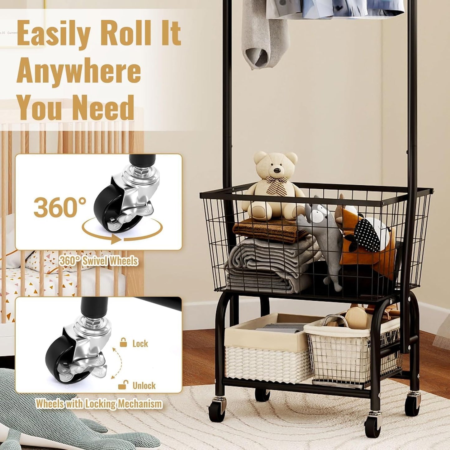 ALIMORDEN Laundry Cart with Clothes Rack, Rolling Laundry Butler with Wire Storage Rack，Black