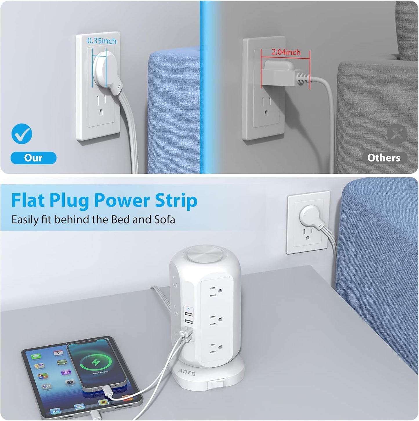 Tower Power Strip Flat Plug with 12 Outlets 4 USB(1 USB C),AOFO Power Strip Charging Station with Overload Protection, Widely Spaced Multiple Outlets 10Ft Extension Cord for Home, Dorm,Office