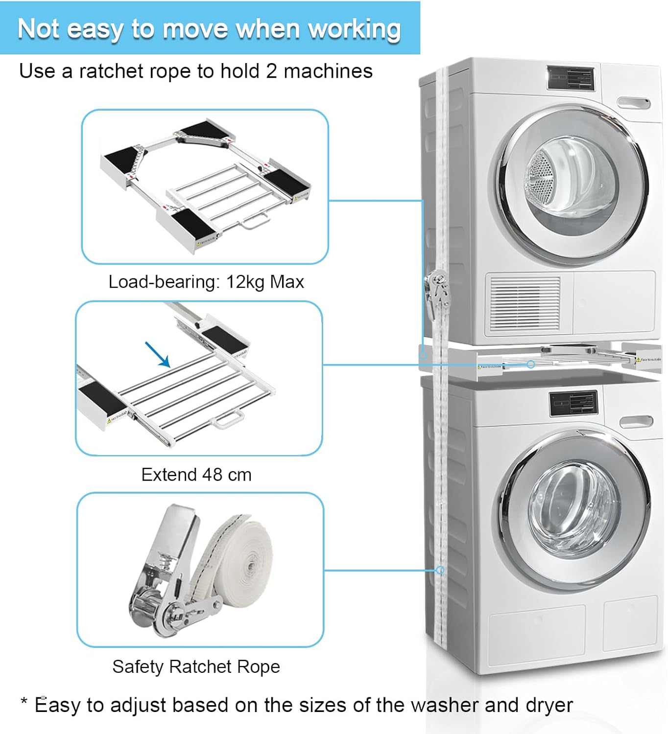 Kiss Core Washer Dryer Stacking Kit 29 inch, Universal Washer and Dryer Stacking Kit with Pull Out Drying Rack, Adjustable 29"/28"/27"/26"/25"/24" Stacking Kit with Ratchet Strap