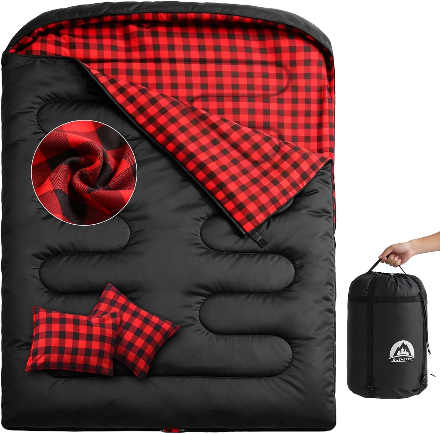 Swtmerry Double Sleeping Bag for Adults with 2 Pillows, Big&Tall XL Queen Size Sleeping Bag for 2 Person, Waterproof 2 Person Sleeping Bags for 3 Seasons,Cold Weather&Warm,Camping,Hiking & Backpacking
