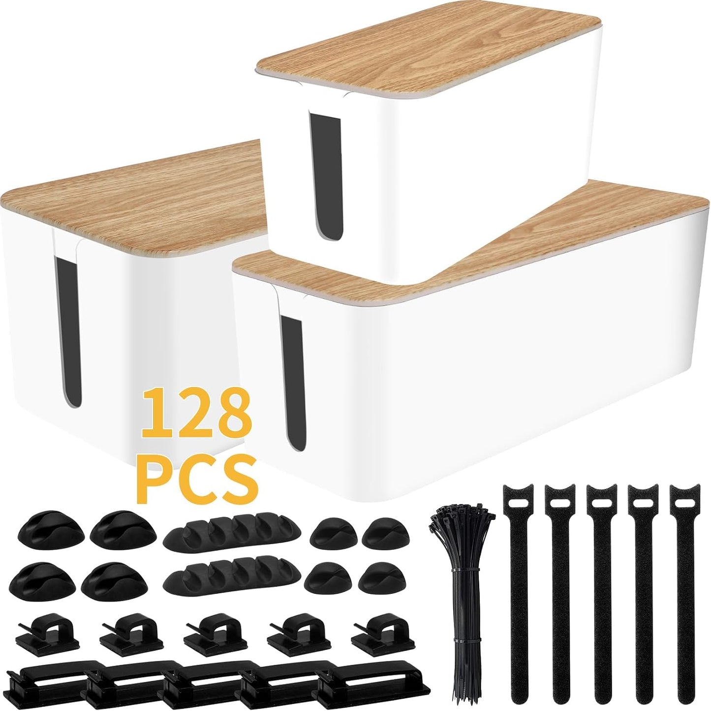 128PCS Cable Management Box 3Pack Cable Management Kit for Power Strip to Hide Wires,Cord Hider Boxes,Cord Box Safe ABS Material Wire Organizer of Cable Clips Sleeve for Home & Office, White