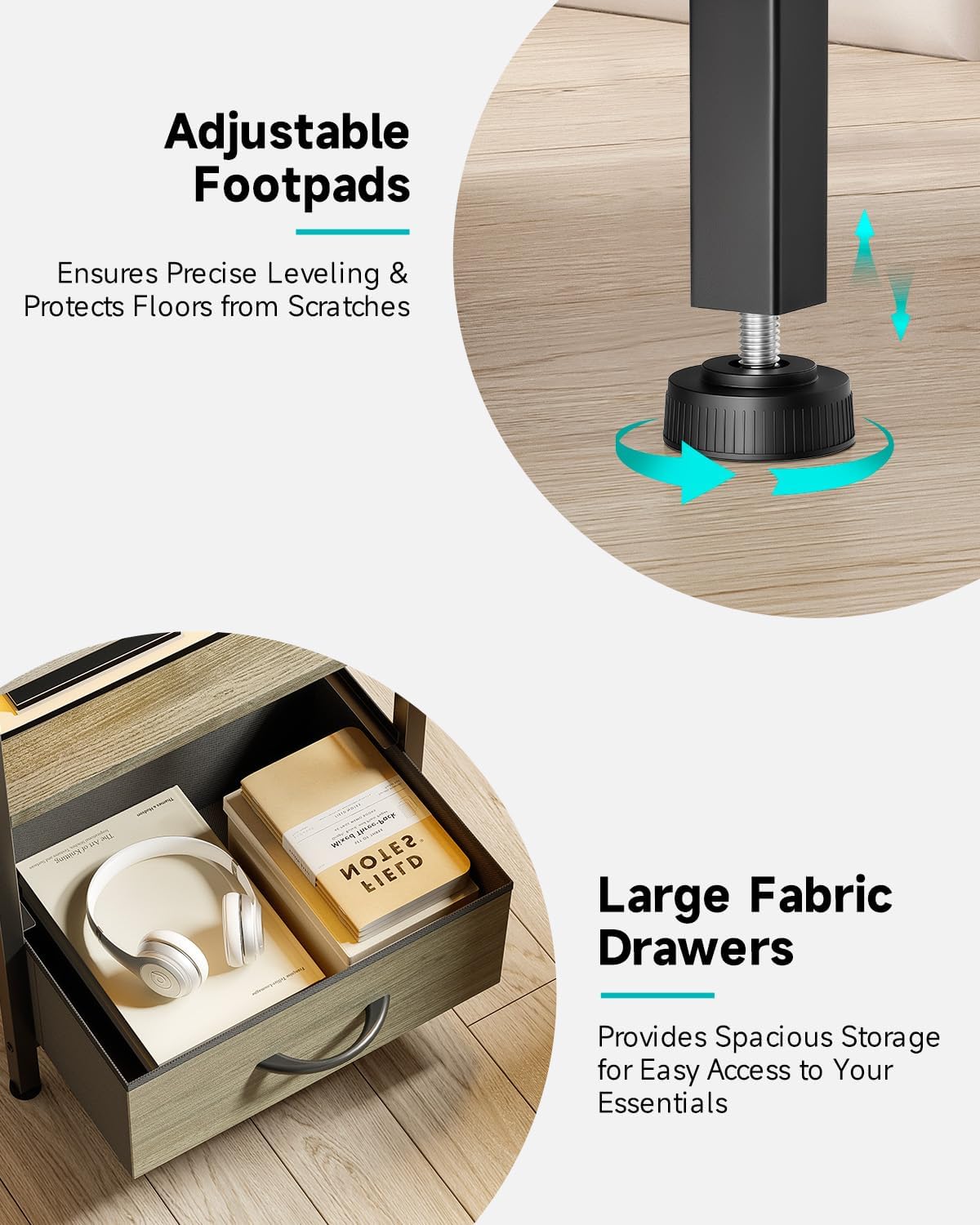 Lazzanto Night Stand Bedside Charger Bedroom - Grey Nightstand with Charging Station & LED Light Strip, Morden End Table with USB Ports & AC Outlets, Night Stand with Storage Shelf & 2 Fabric Drawers