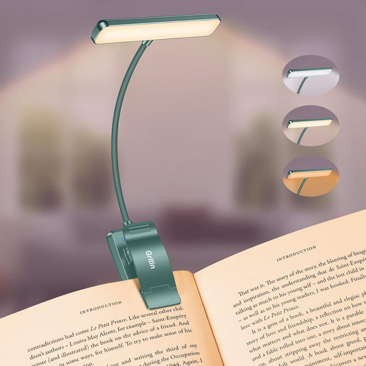 Gritin 19 LED Rechargeable Book Light for Reading in Bed with Memory Function- Eye Caring 3 Color Temperatures,Stepless Dimming Brightness,90 Hrs Runtime Clip on Light for Book Lovers-Blackish Green