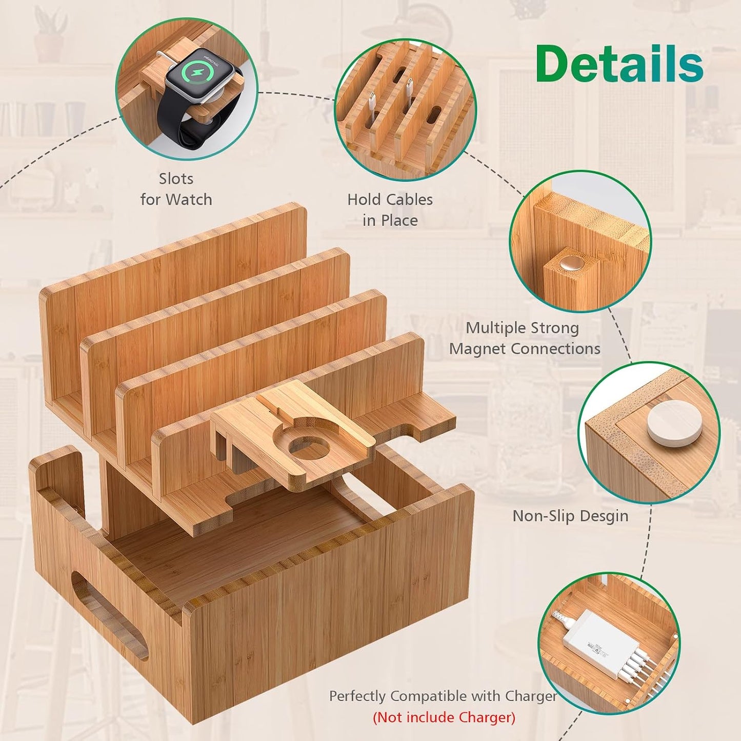 Pezin & Hulin Cell Phone Charging Stations with Watch Holder | Bamboo Dock Organizer for Multi Devices, Tablets, Smart Watch, No Power Charger Supply