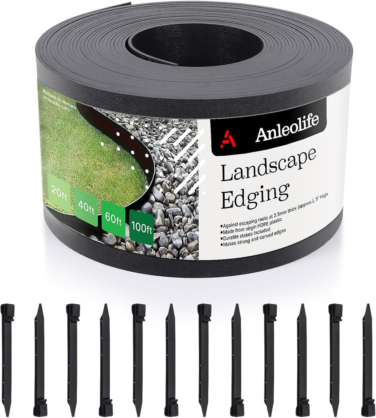 Anleolife 40ft Flexible Plastic Landscape Edging Coil with 12 Stakes