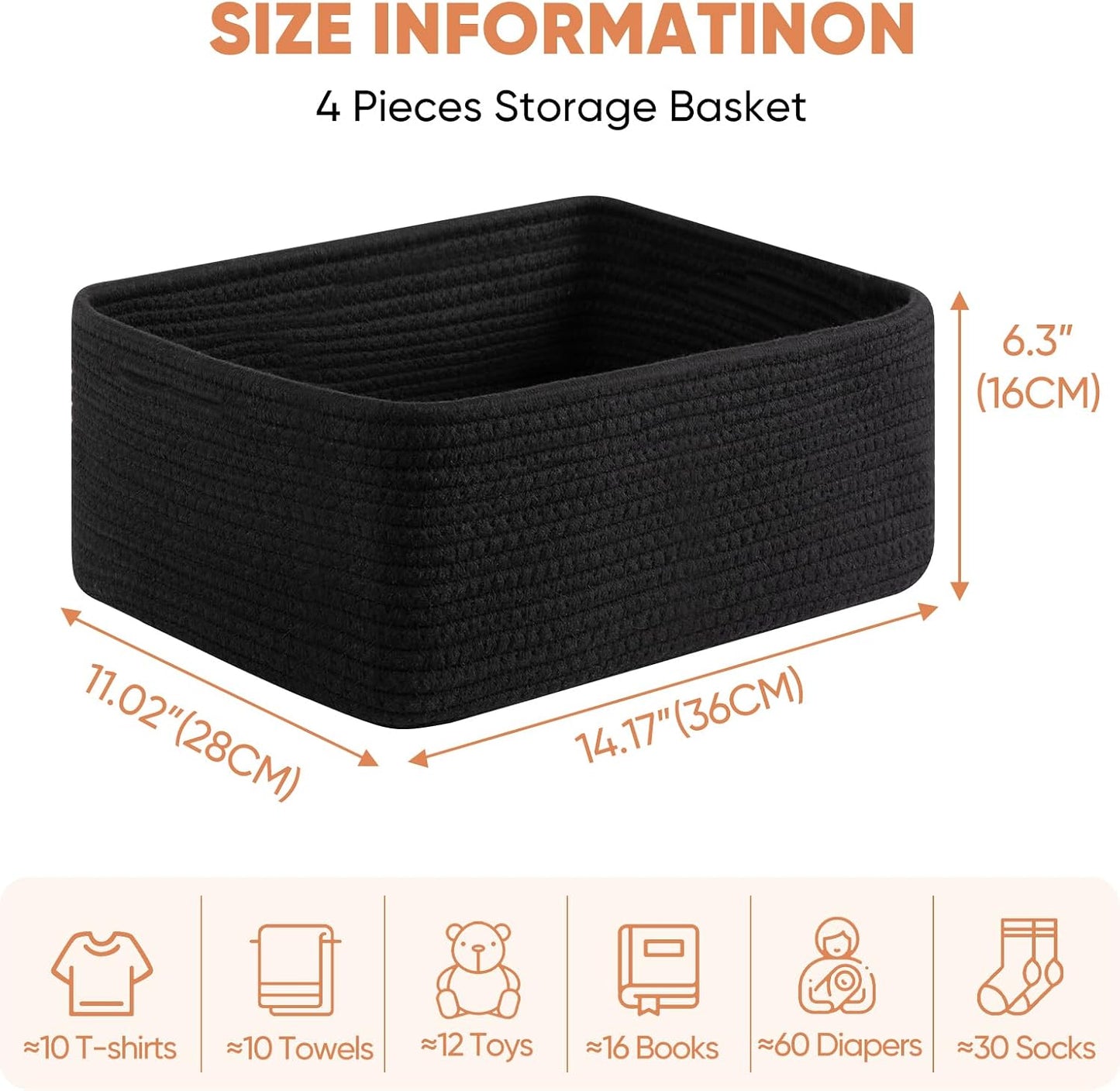 OIAHOMY 4 Pack 14.17 * 11.02 * 6.3IN Storage Baskets for Organizing Shelves, Woven Rope Baskets for Organizing Books, Clothes, Decorative Basket for Living Room, Nursery, Bedroom, Gift Basket, Black