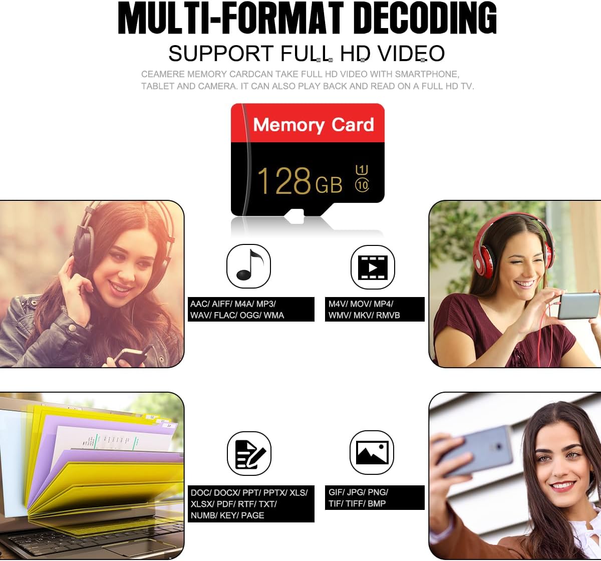 2 Pack Micro Memory Card 128 GB with Adapter, C10/U1/UHS-I/A1 TransFlash Card, TF Card for Smartphone, Tablet, Camera, Drone, Personal Computer (Red 128GB*2-U1)