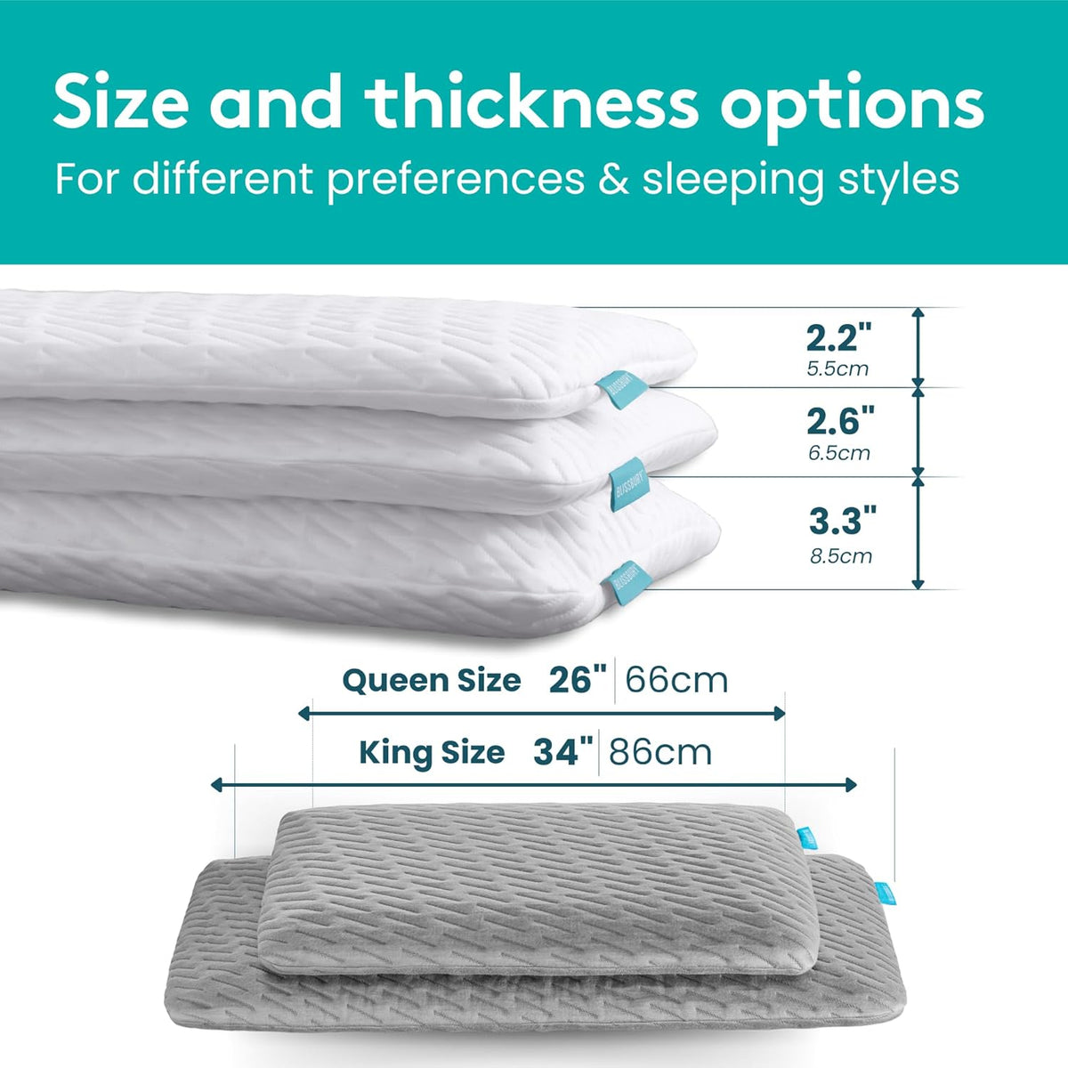 BLISSBURY Cooling Memory Foam Pillow, 2.6 Inch Thin, for Stomach & Back Sleeper, Queen Size, Removable Cool-Tech Cover, CertiPUR-US Certified