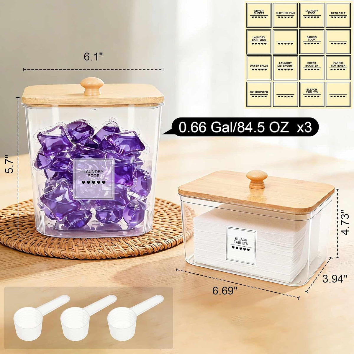 4 Pack Laundry Pods Container and Dryer Sheet Holder with Bamboo Lids, Laundry Room Organization Set with Labels and Scoops for Detergent Powder, Scent Booster Beads, 2600 +2000ml/0.53+0.7gal