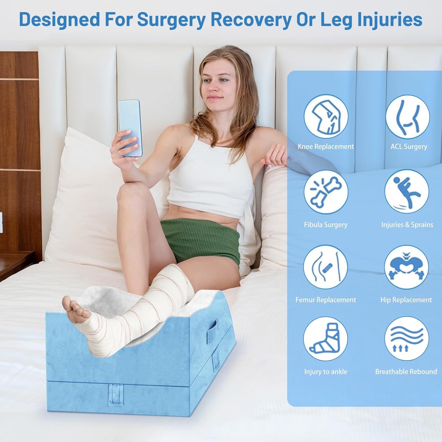 Leg Elevation Pillows, Wedge Pillow for After Surgery, Memory Foam Leg Support Adjustable, Comfort Care for Back Knee Hip Ankles Pain, Knee Pillow for Sleeping Blood Circulation Light Blue & White