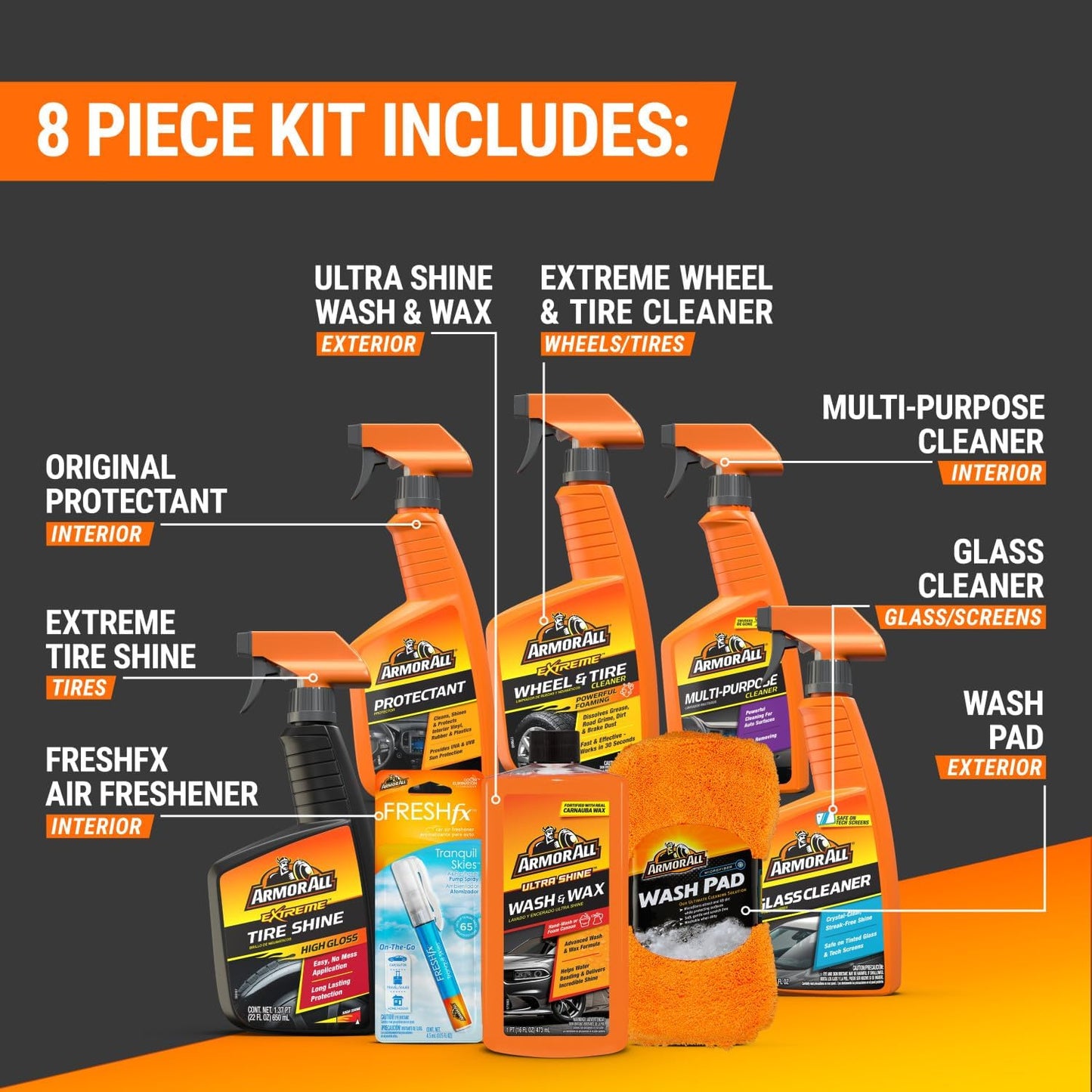 Armor All Premier 8-Piece Car Care Kit - Complete Car Detailing Set with Wax, Wash, Glass & Tire Cleaners, Gift for Car Lovers