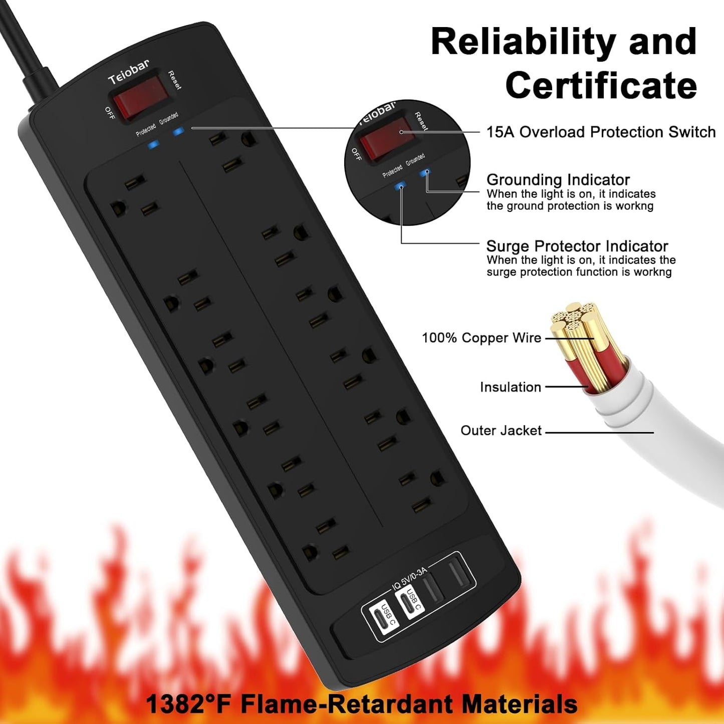 6 Ft Extension Cord Power Strip, Teiobar Surge Protector with 12 AC Outlets and 4 USB Ports for Home, Office, Dorm Essentials, 2700 Joules, ETL Listed, Black