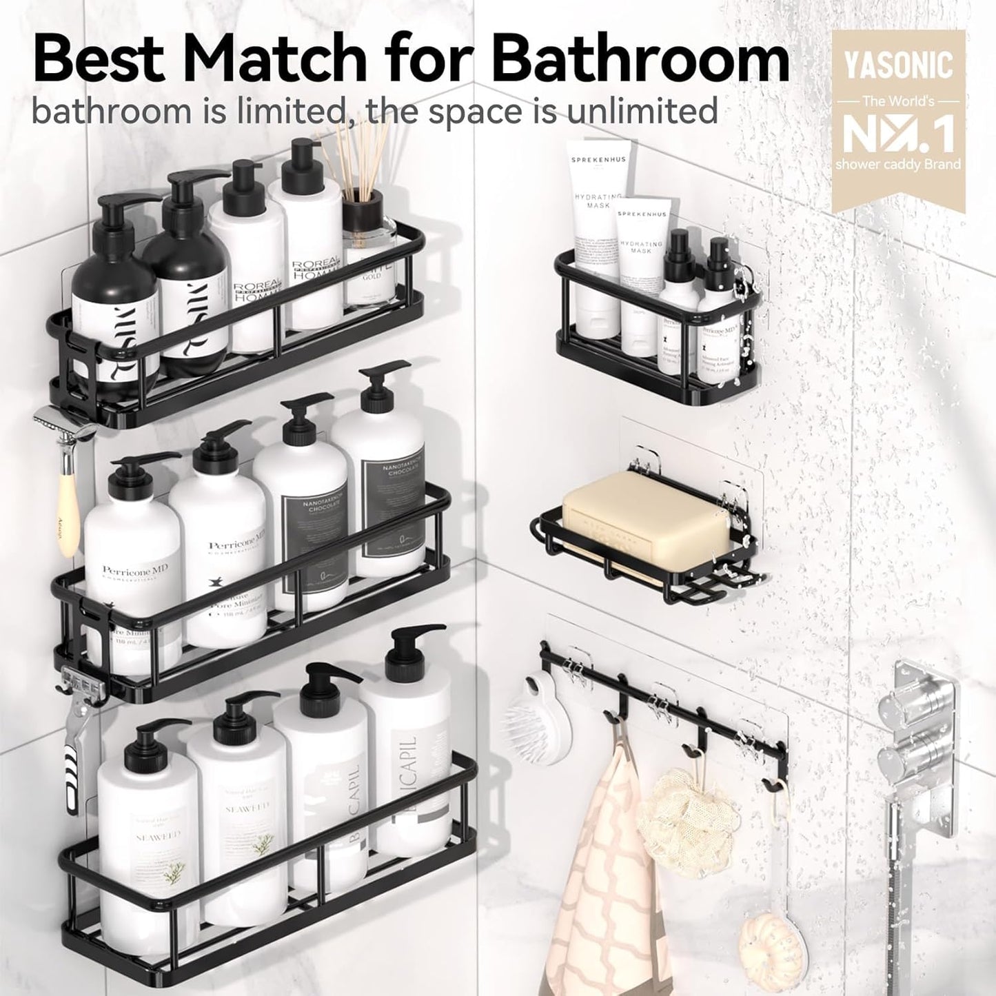 YASONIC Shower Caddy Adhesive, 100% Rustproof Shower Organizer with Soap Holder, Large Capacity Shower Shelves for Inside Shower, No Drilling Bathroom Organizers and Storage for Home Decor 6 Pack