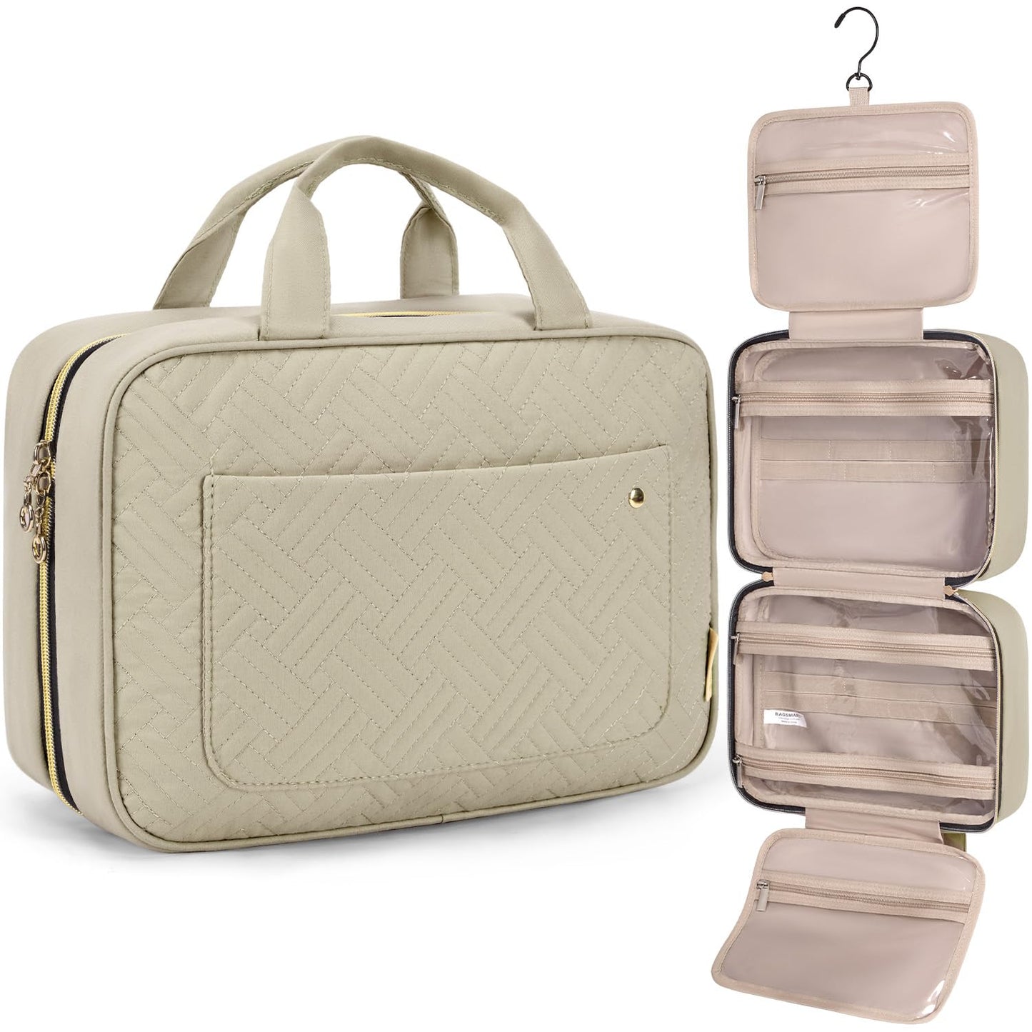 BAGSMART Toiletry Bag Travel Bag with Hanging Hook, Water-resistant Makeup Cosmetic Bag Travel Organizer for Accessories, Shampoo, Full-size Container, Toiletries (Camel, Medium)