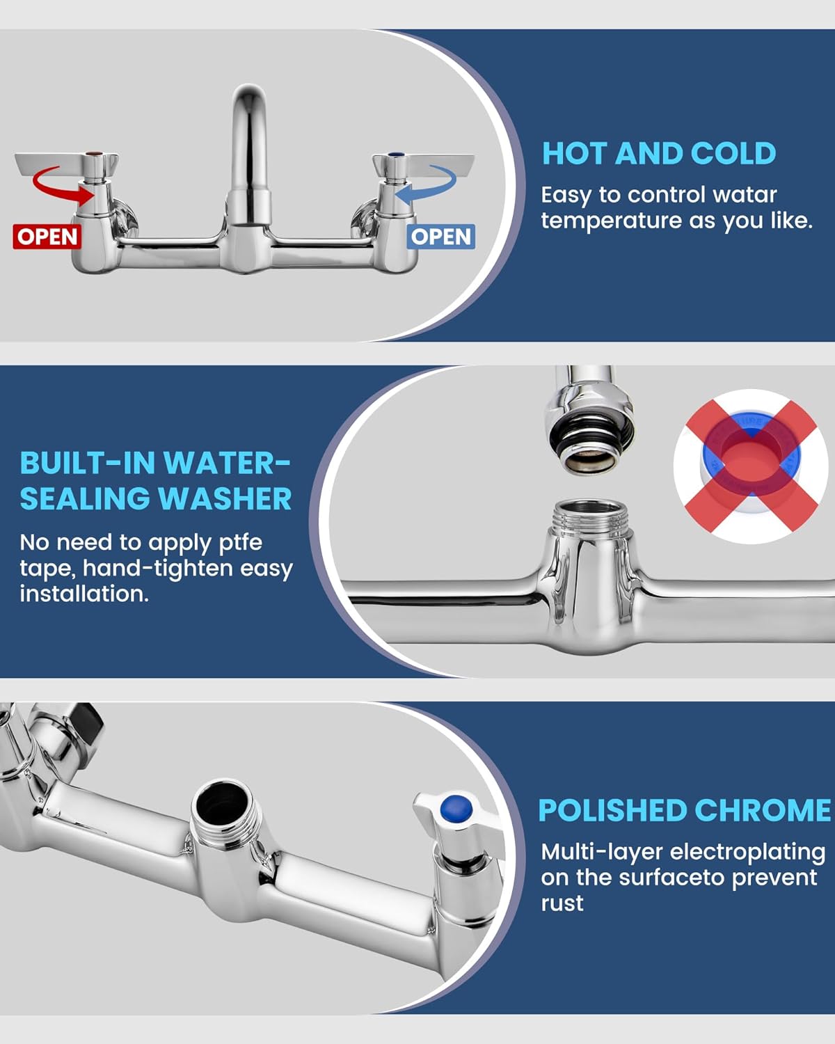 Airuida Wall Mount Commercial Kitchen Faucet,8 Inch Swivel Spout,8 Inch Center Utility Sink Faucet with Dual Handles,Solid Brass 360° Swivel Spout,Commercial Sink Faucet for Kitchen Laundry,Chrome