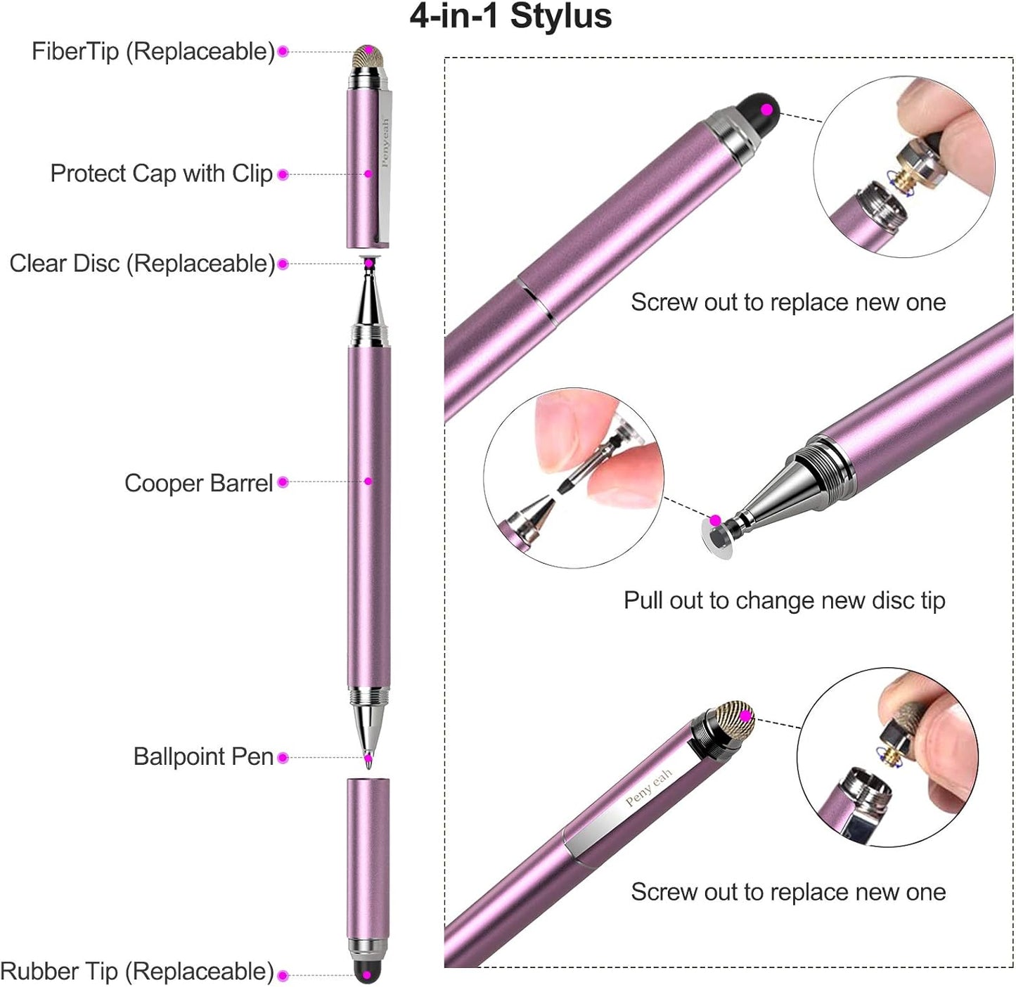 Penyeah 4-in-1 Stylus Pen for Touchscreens, Versatile Capacitive Stylus for iPhone 17/16/15 Pro Android Phones,Tablets -Disc+Rubbe+Mesh Tips Universal for All Touch Screen Devices - Pinky Gold