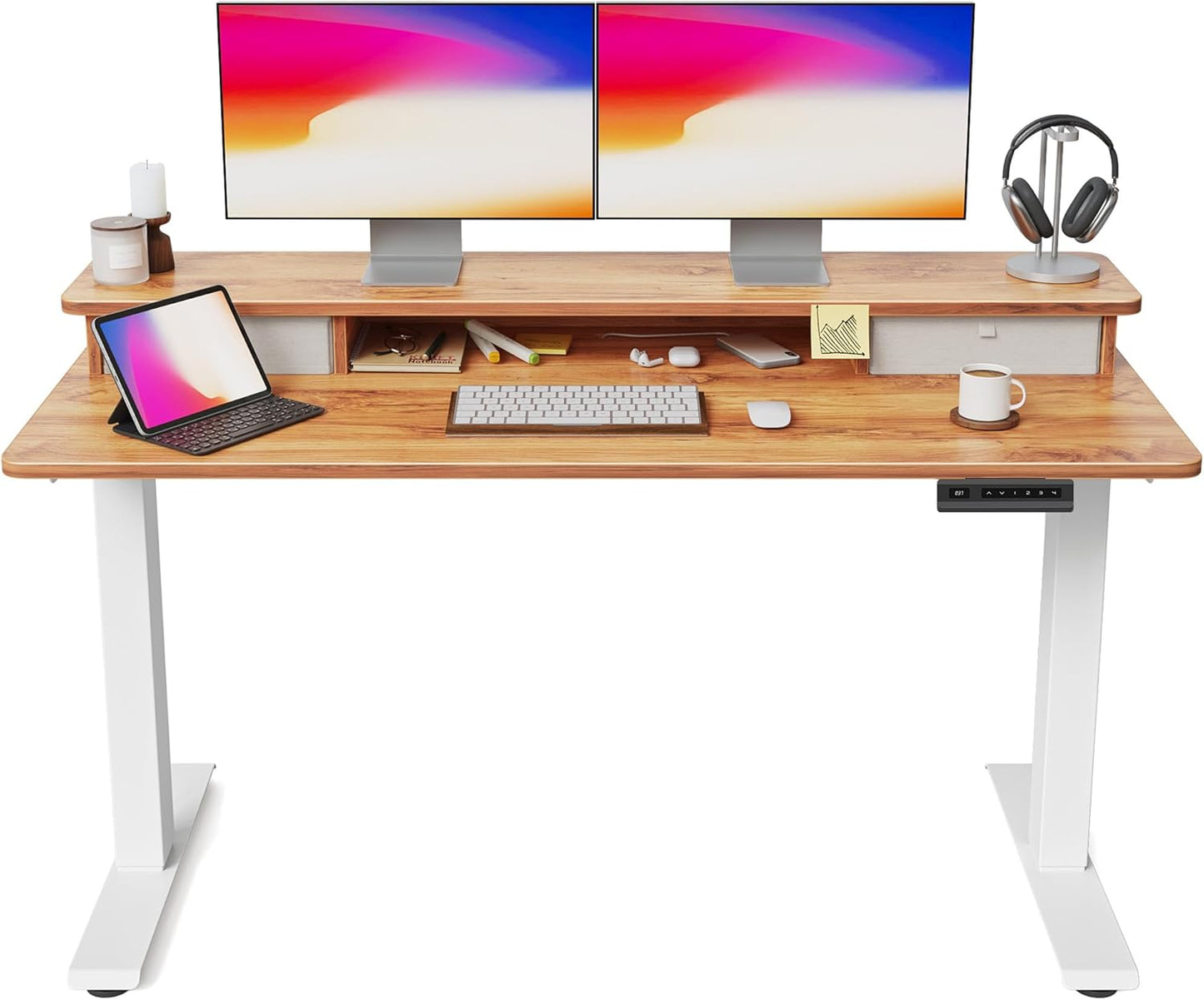 FEZIBO 48 x 24 Inch Whole-Piece Height Adjustable Standing Desk with Double Drawers, Sit Stand Desk, Stand Up Table (Send Two Packages), Light Rustic Top