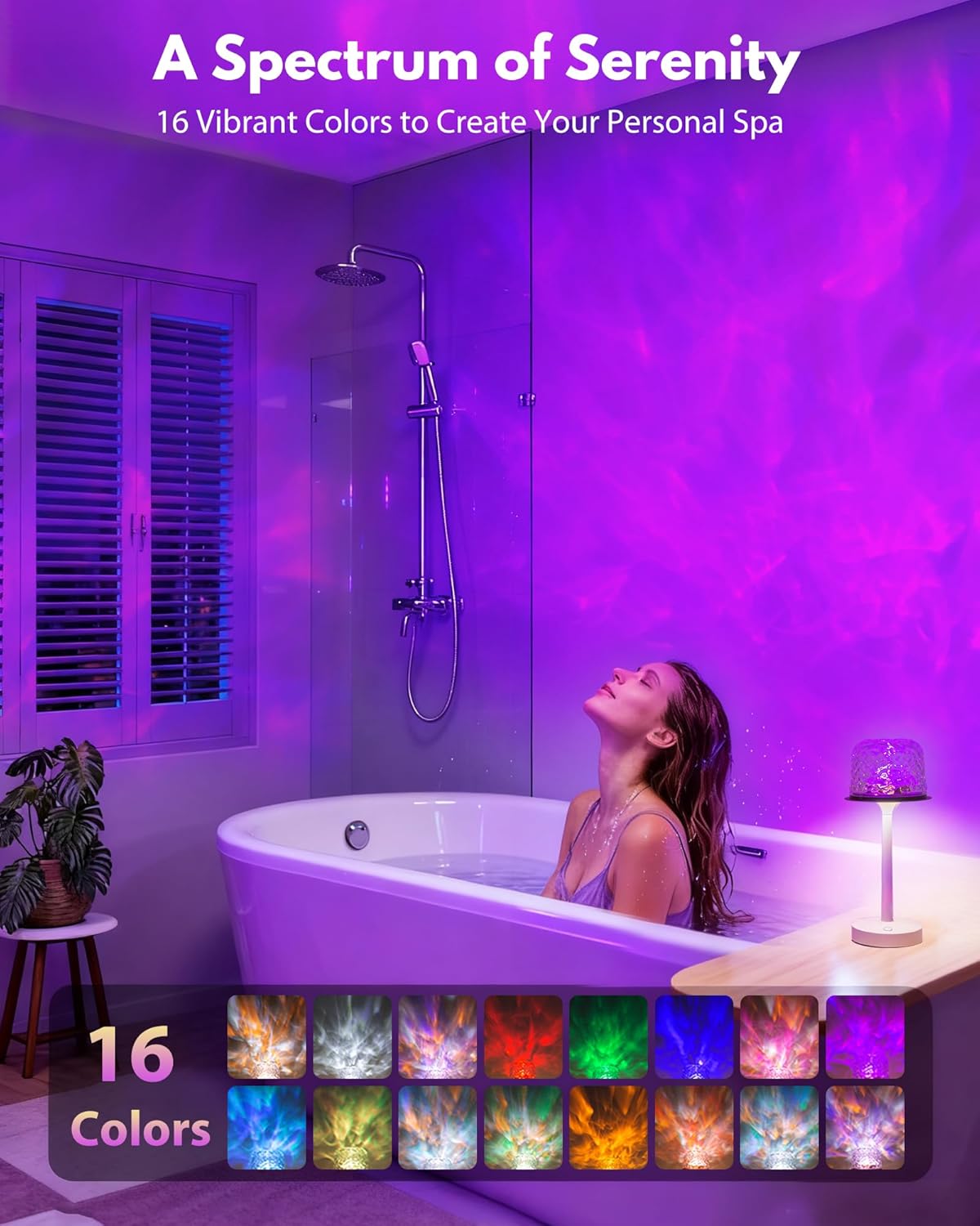 Shower Lamp - Waterproof Bathroom Lamp with 16 Color Ocean Wave Projector, Rechargeable Shower Light with Touch & Remote Control, Cordless Light for Inside Shower/Bathtub