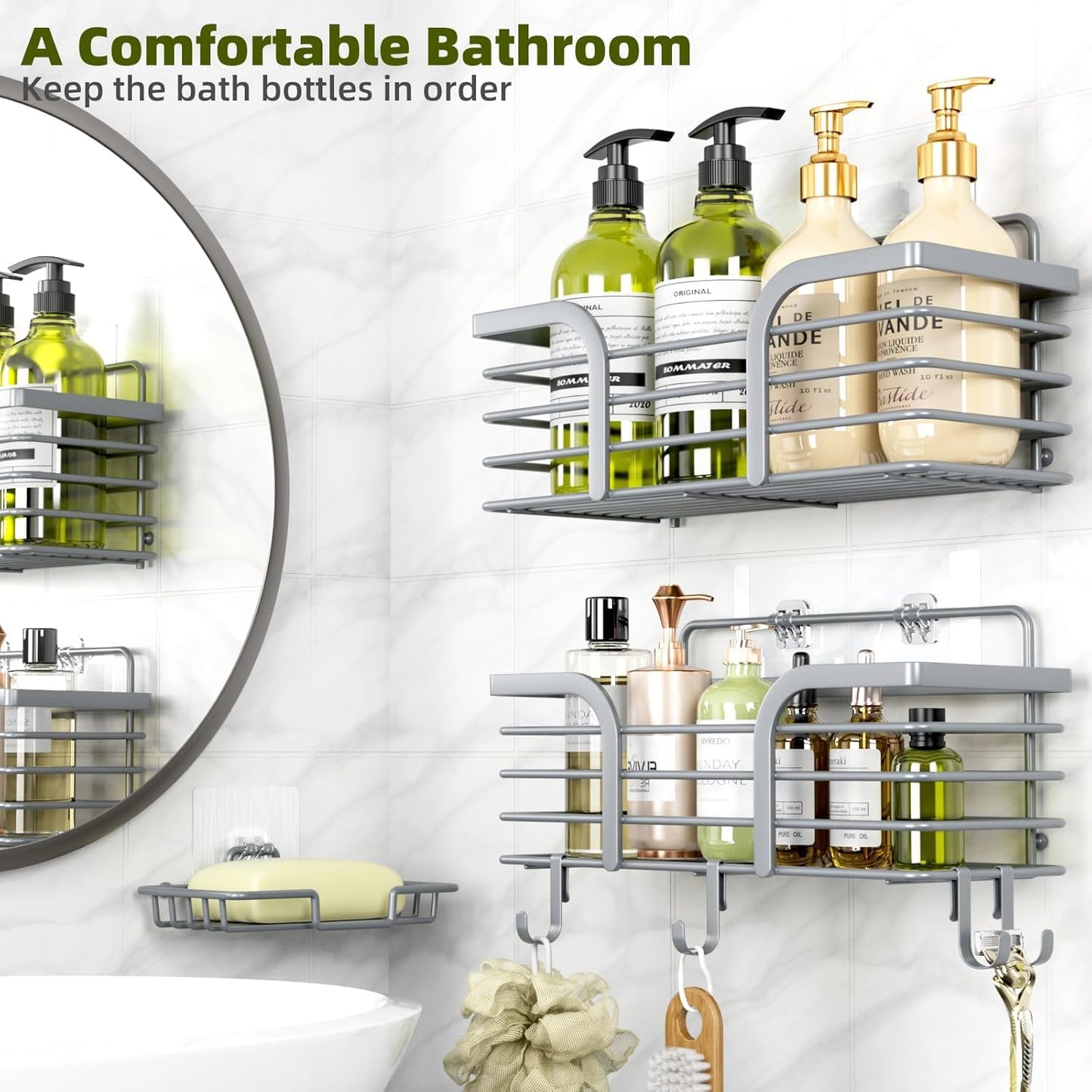 Yougai Shower Caddy, Shower Organizer with Soap Holder and Hooks, Rustproof Shower Shelves, No Drilling Bathroom Organizers and Storage, Wall-Mounted Kitchen & Home Decor, Light Grey